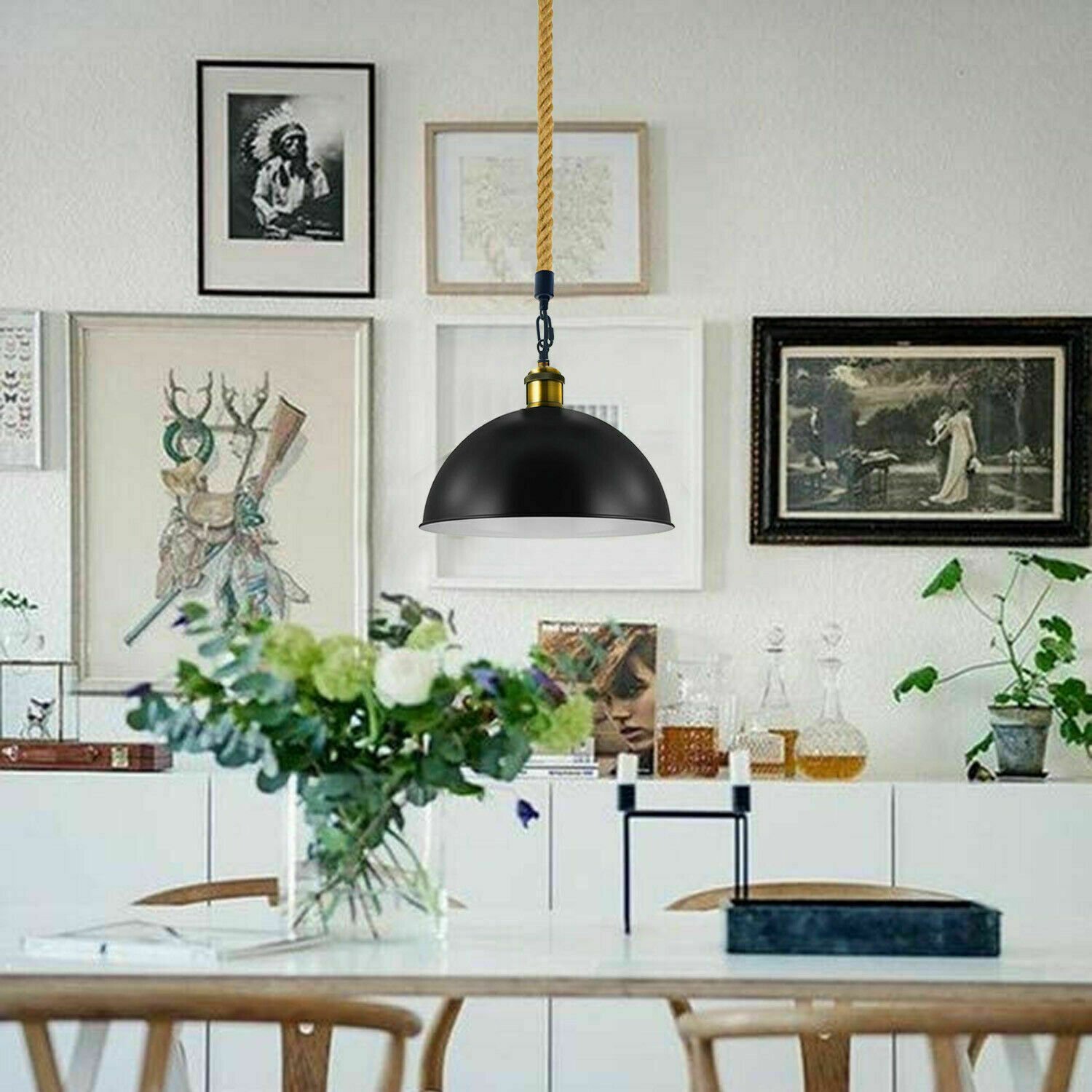 Vintage Industrial Ceiling Pendant Light Retro Style Metal Shade Black Hemp Lamp - Picture 19 of 27