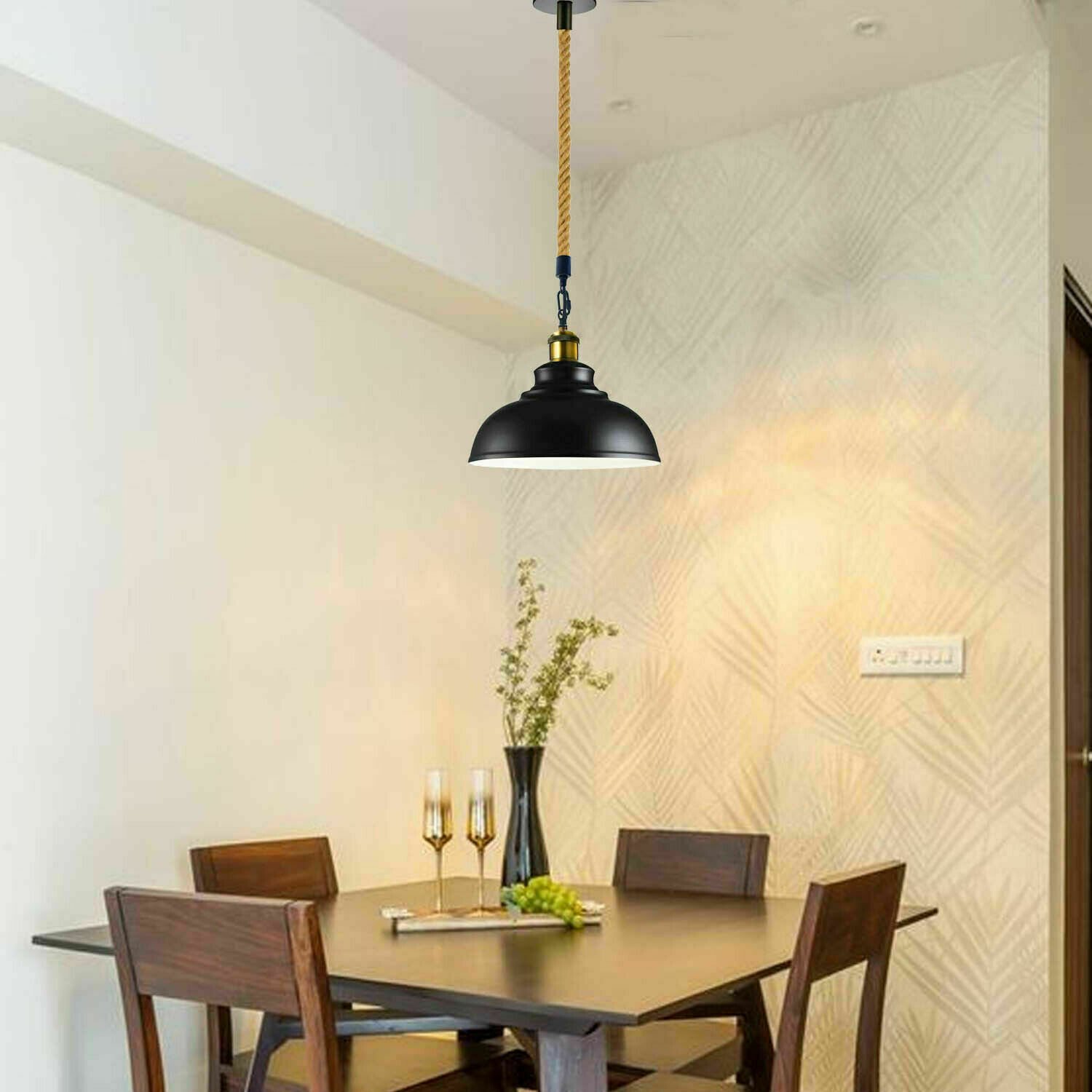 Vintage Industrial Ceiling Pendant Light Retro Style Metal Shade Black Hemp Lamp - Picture 13 of 27