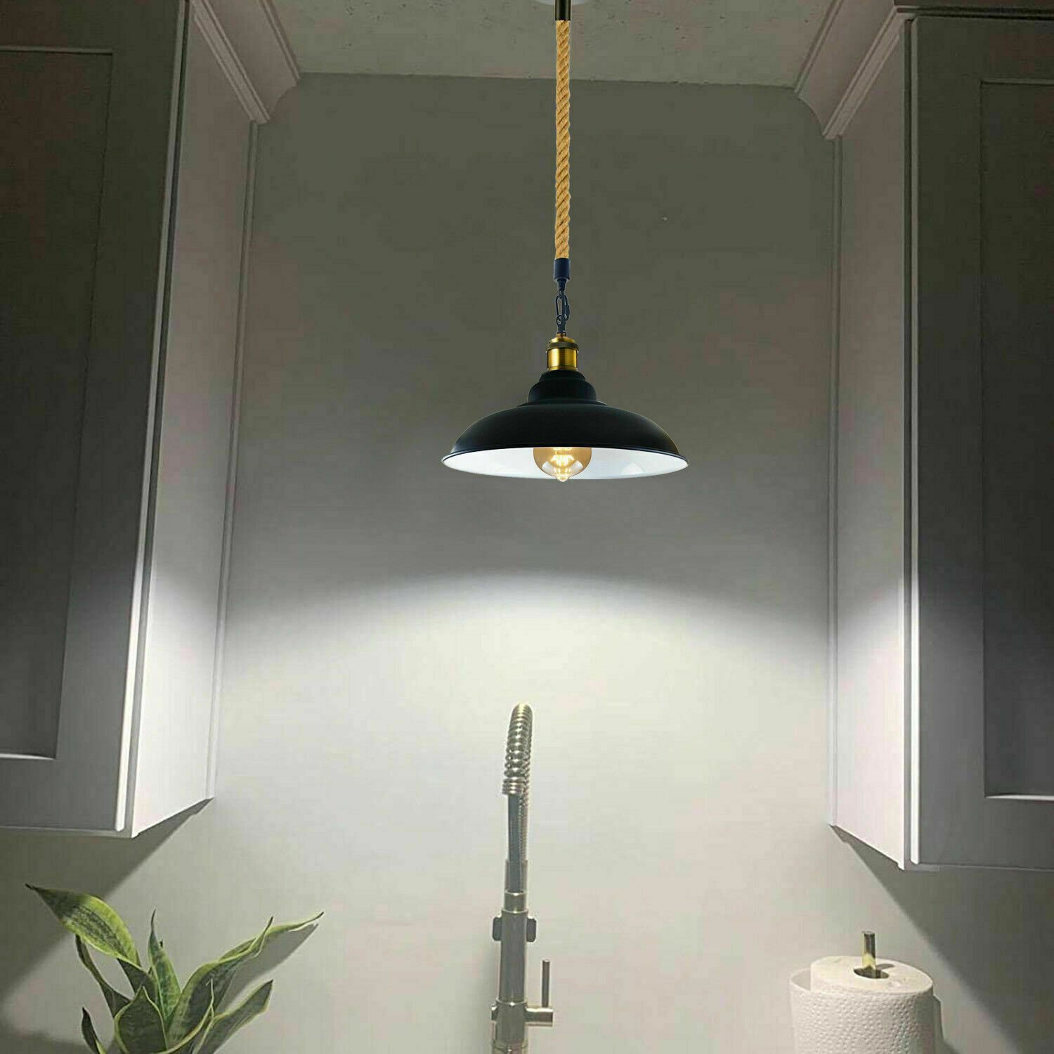 Vintage Industrial Ceiling Pendant Light Retro Style Metal Shade Black Hemp Lamp - Picture 22 of 27