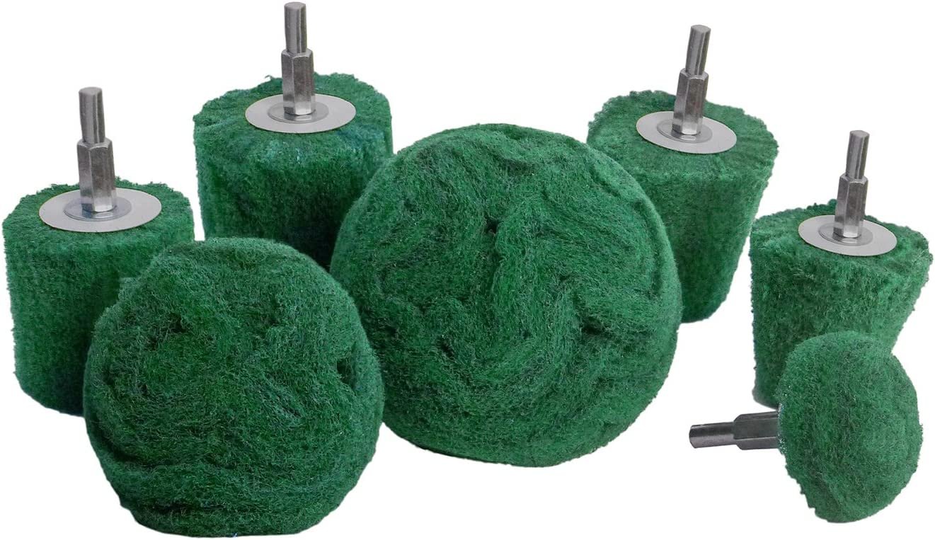 LINE10 Tools 7pk Non Woven Abrasive Drill Buffing Attachment Set, Green, Coarse