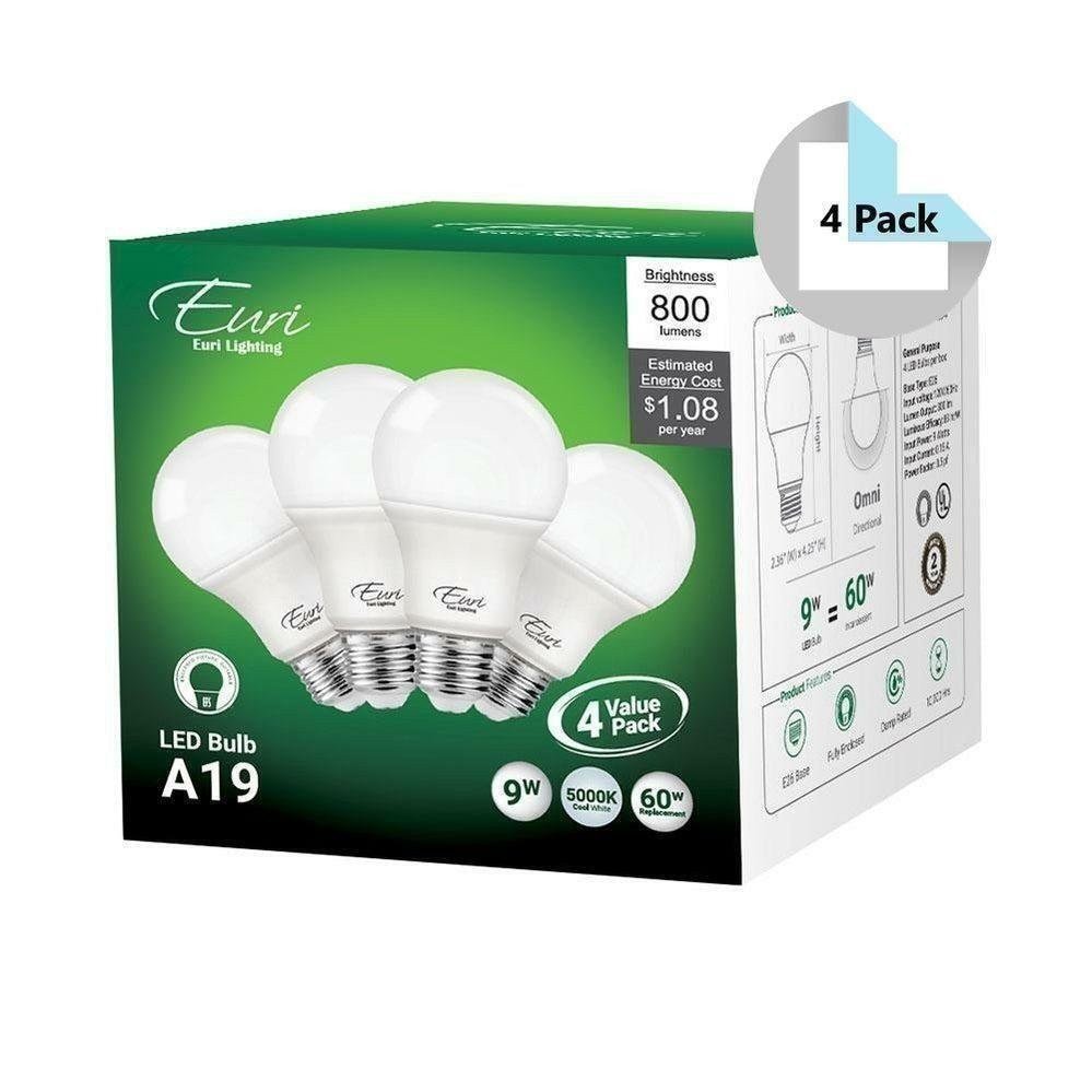 Euri Lighting EA19-6150-4 (4 Pack) Cool White LED Light Bulbs - 5000K, 9W=60W - Picture 1 of 5
