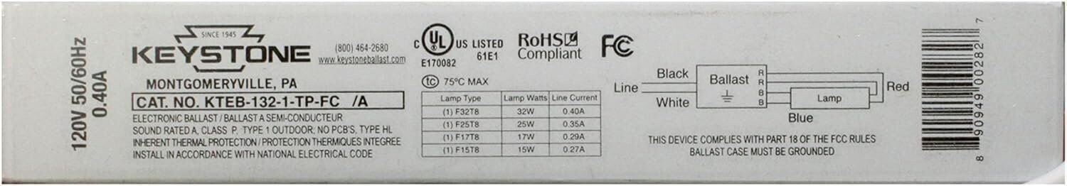 Keystone KTEB-132-1-TP-FC Fluorescent Ballast, 1-Lamp, F32T8, 32W T8, 120V - Picture 1 of 1
