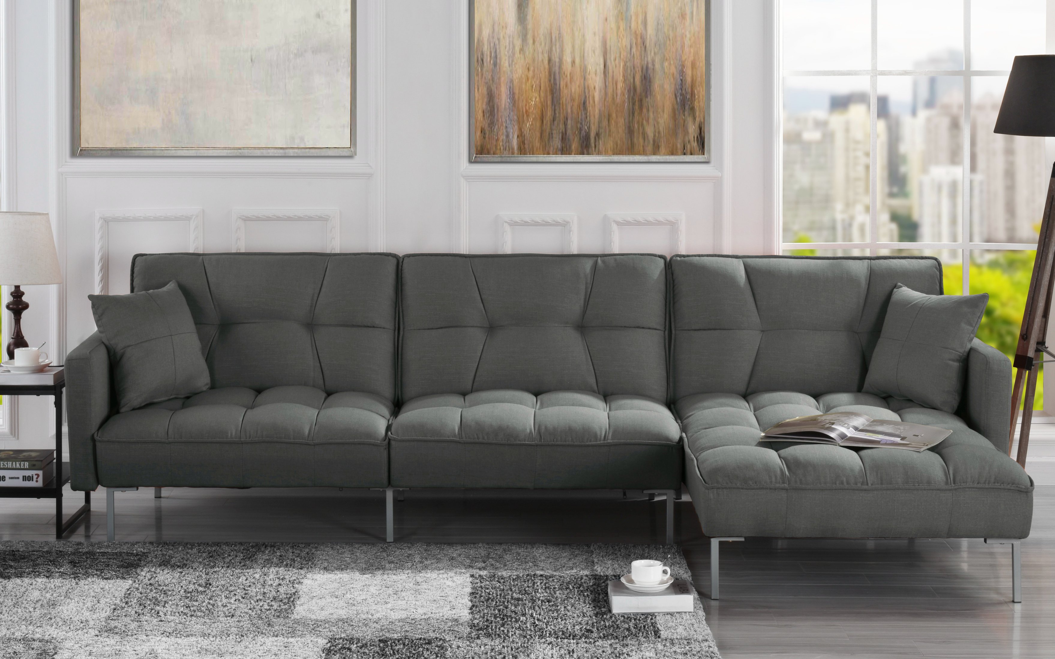 Details About Modern Linen Casual Fabric Futon Sectional Sofa Pillows 110 6 Wide Dark Grey Details About Modern Linen Casual Fabric Futon Sectional Sofa Pillows 110 6 Wide Dark Grey