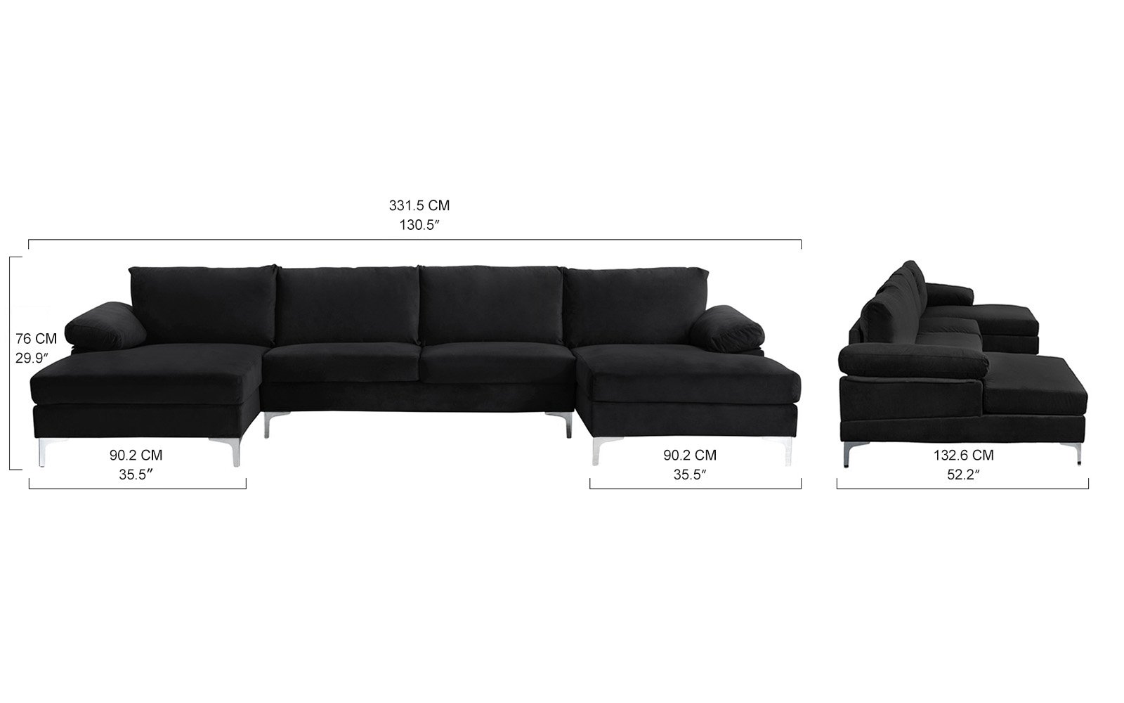 Black Large Velvet Fabric U-Shape Sectional Sofa Double ...