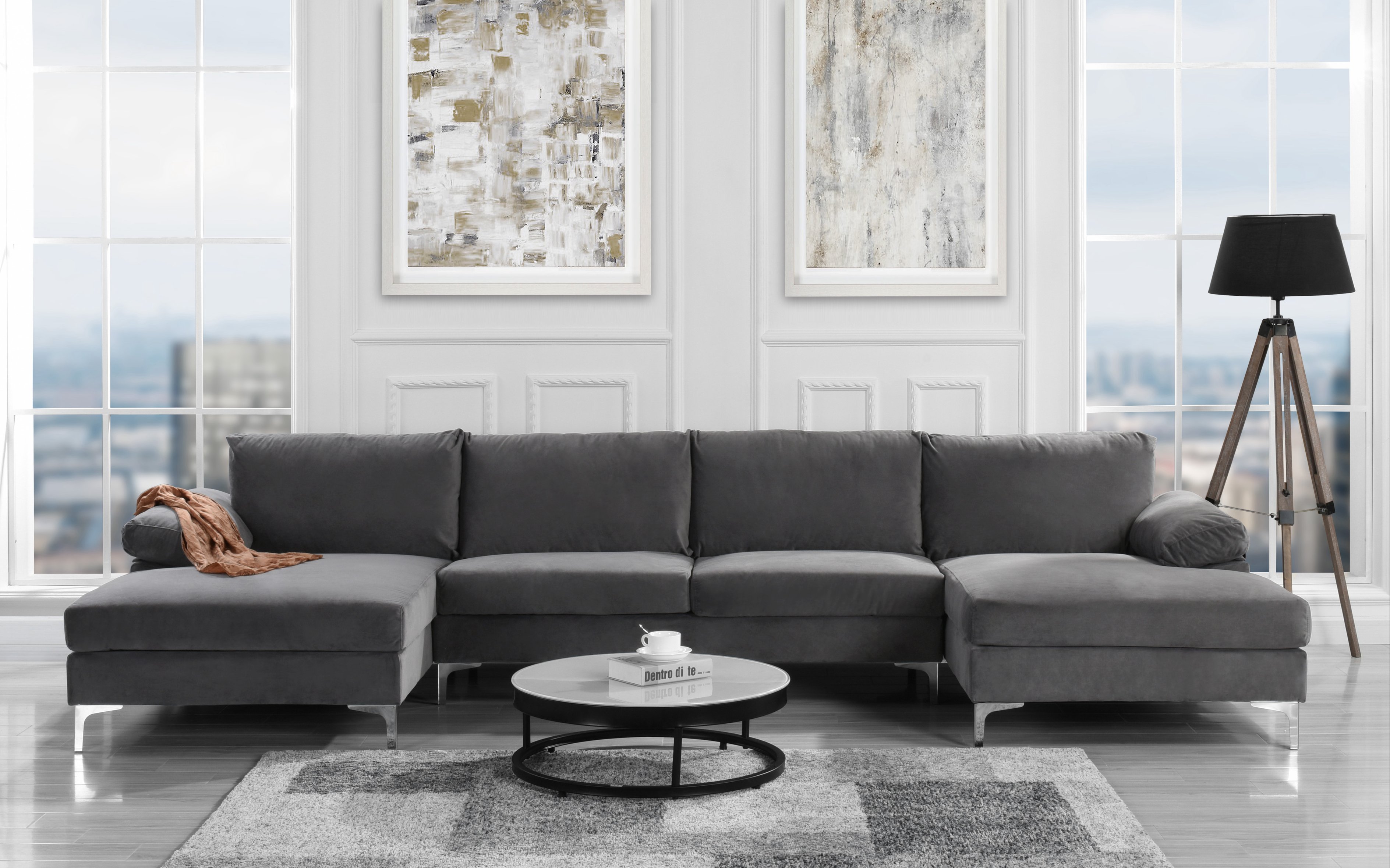 Modern Large Velvet Fabric UShape Sectional Sofa, Double