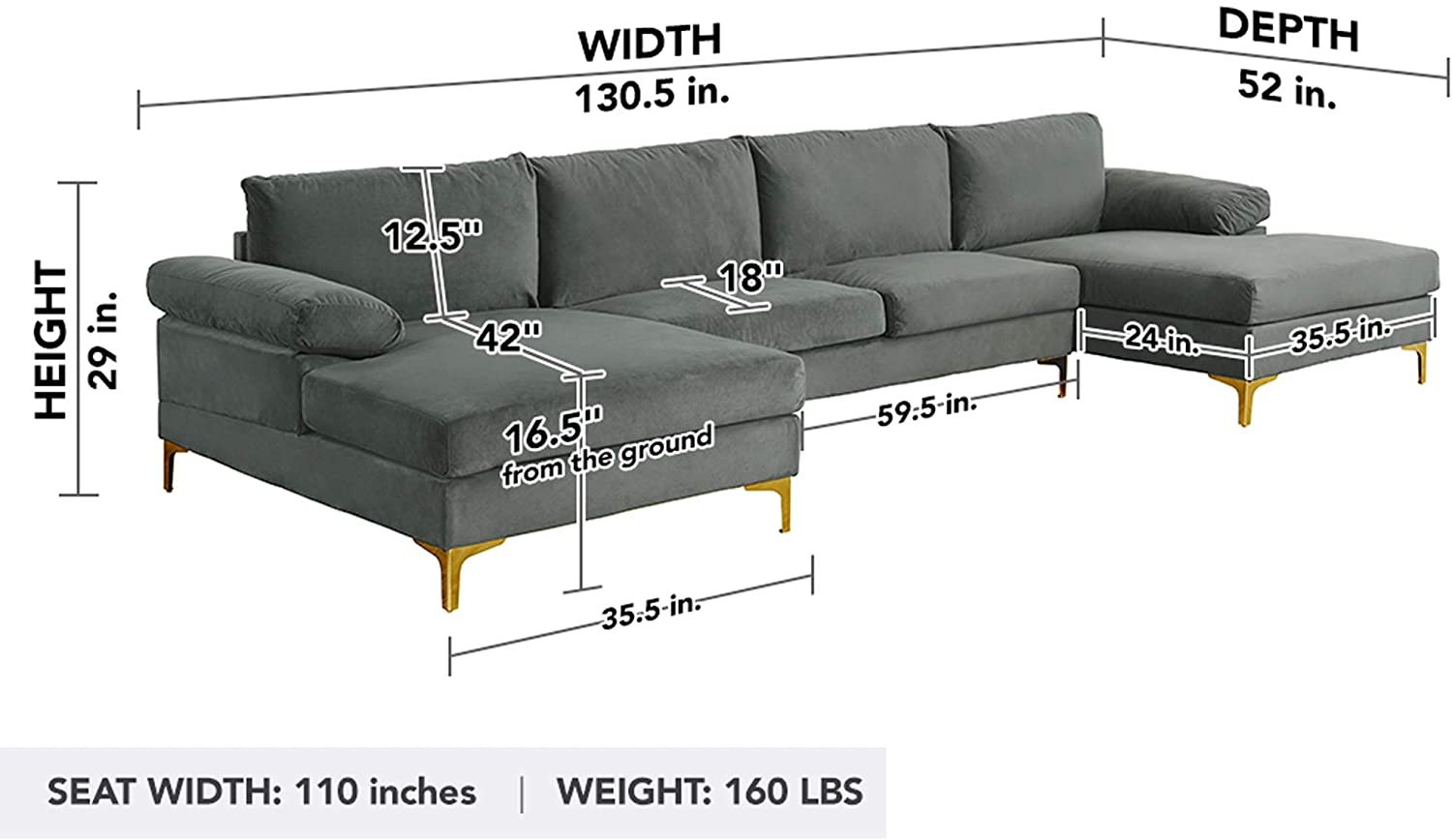 Modern Large Velvet Fabric Sectional Sofa Couch Extra Wide Chaise U