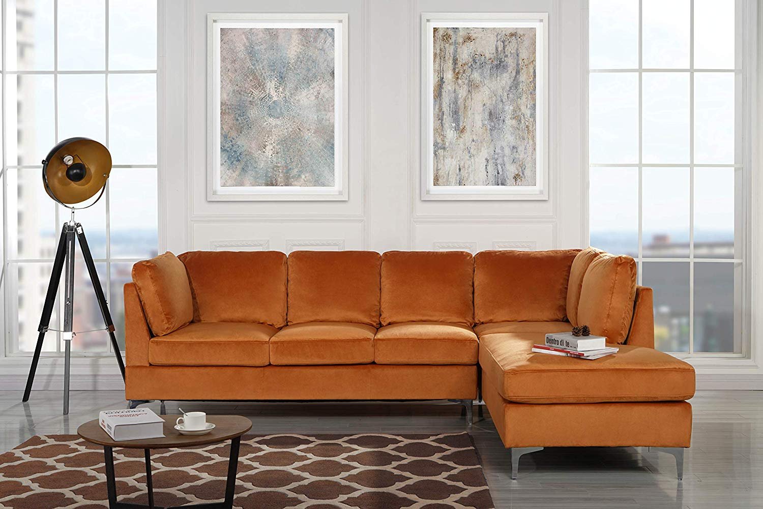 Modern Velvet Fabric Sectional Sofa Classic Living Room L Shape Couch In Orange 662187621470 Ebay