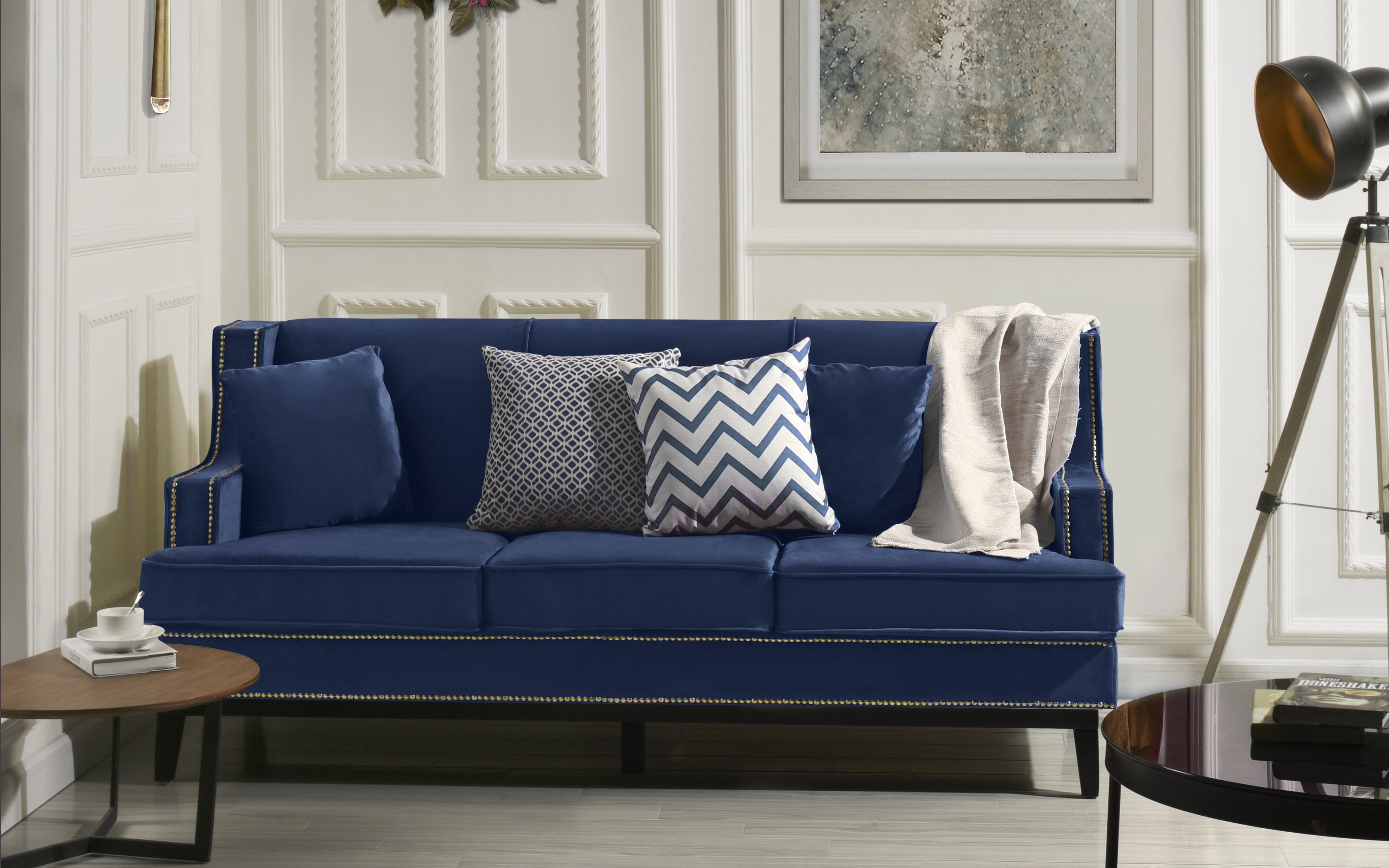 Modern Velvet Sofa with Classic Nailhead Trim and Wooden Legs, Royal