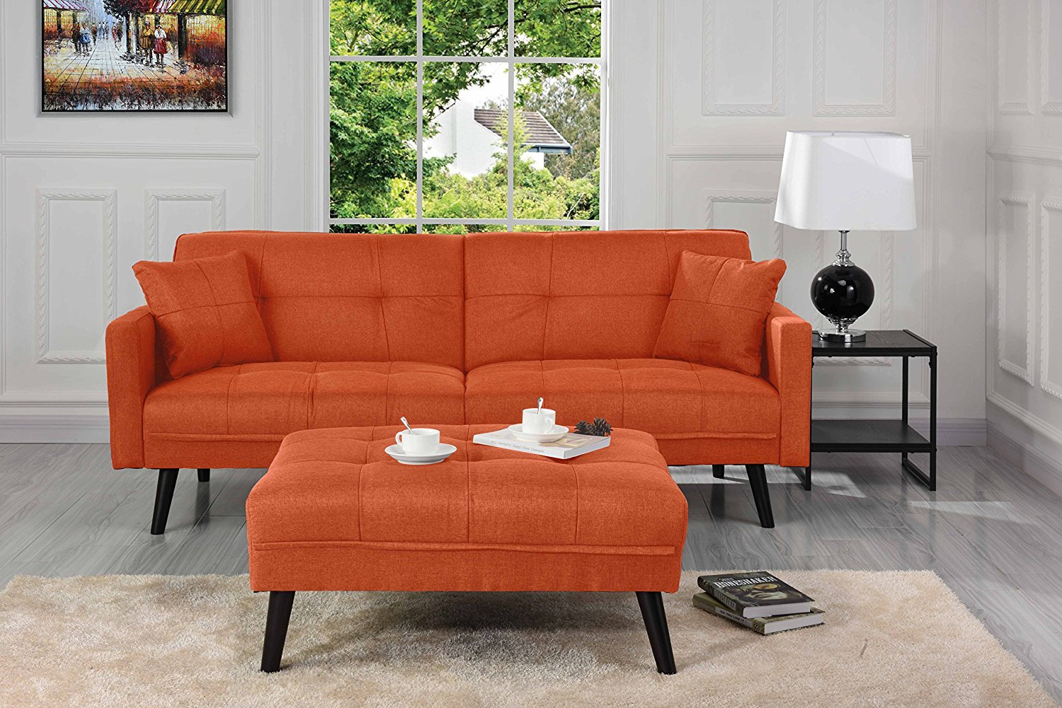 Details About Orange Futon Mid Century Modern Linen Fabric Sofa Bed Living Room Sleeper Couch