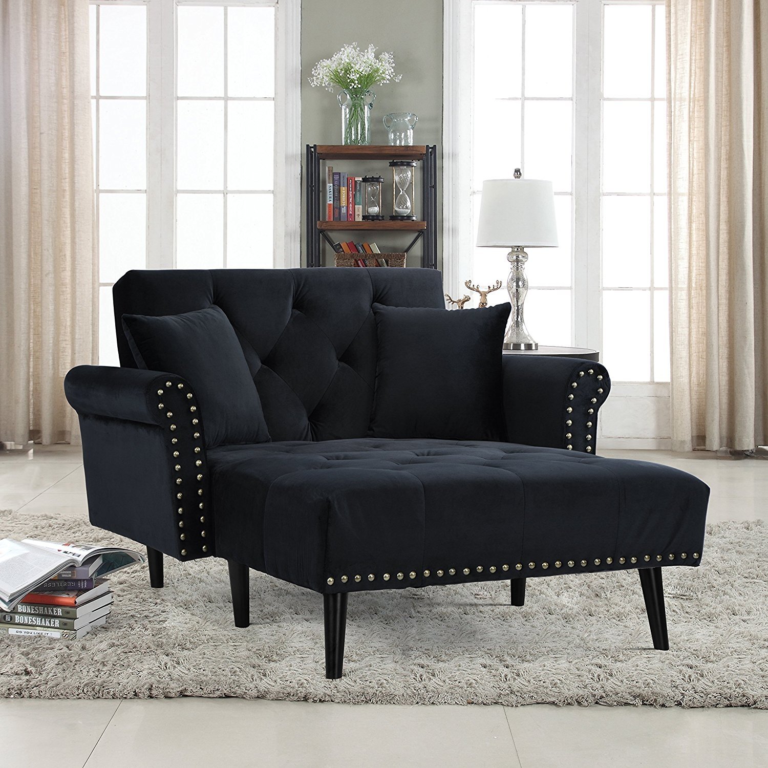 Modern Chair Mid Century Velvet Fabric Recliner Sleeper Chaise Lounge