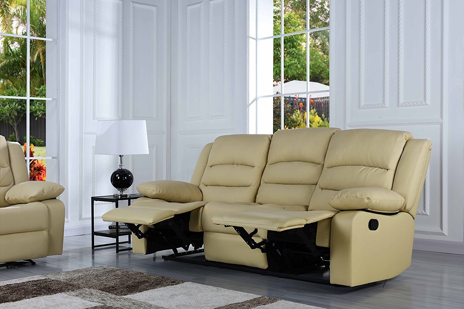 Details About Classic 3 Pc Reclining Sofa Set Real Grain Leather Double Recliner Beige