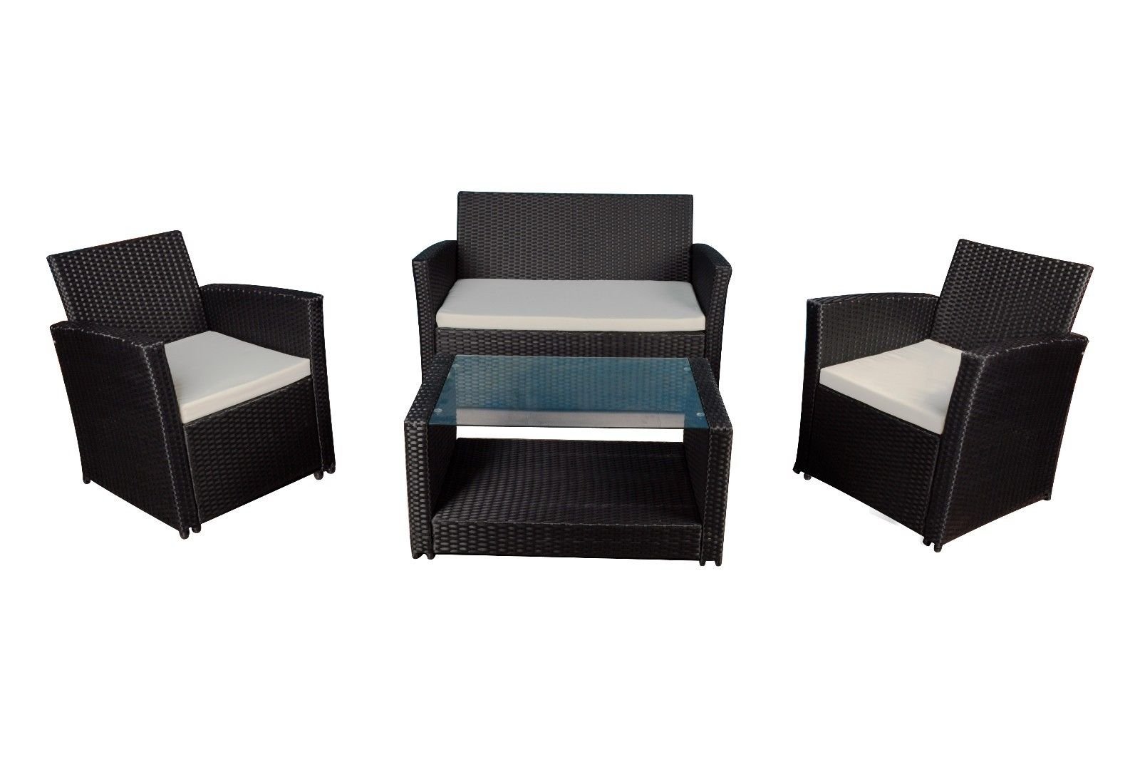 Modern Outdoor Patio 4 Piece Wicker Sofa Furniture Set Black Modern Outdoor Garden Patio 4 Piece Set Wicker Sofa Furniture Black Ivory