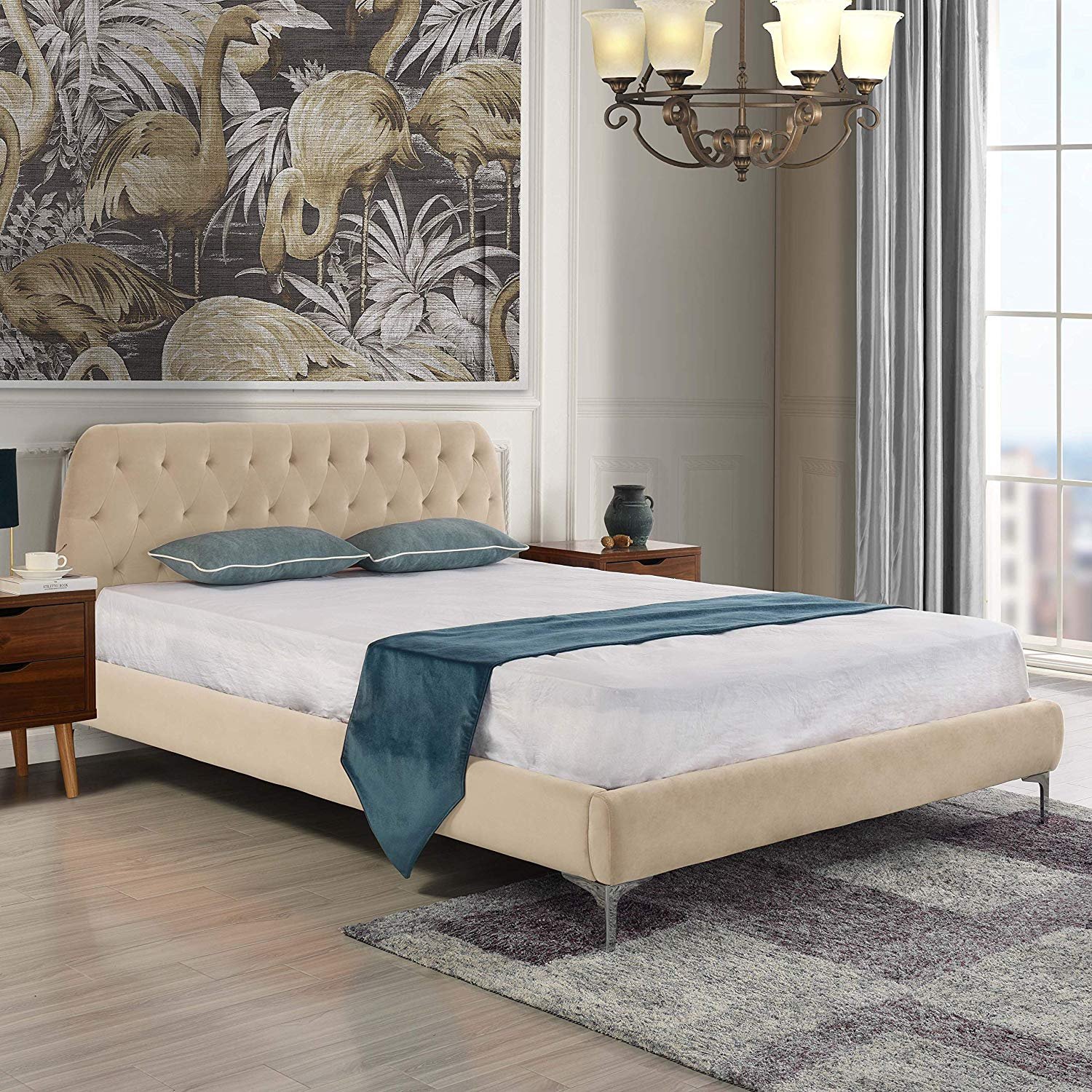 Full Size Beige Mid Century Elegant BedFrame with Tufted Velvet ...