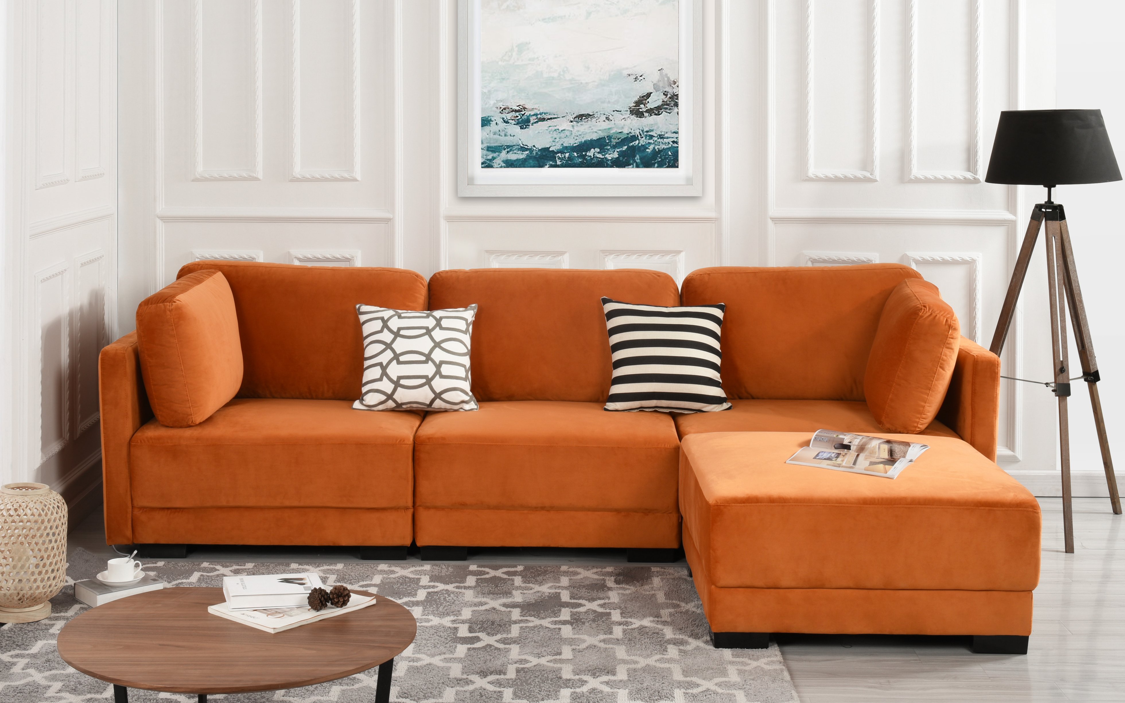 Orange Upholstered Velvet Sectional Sofa, L-Shape Modern Reversible