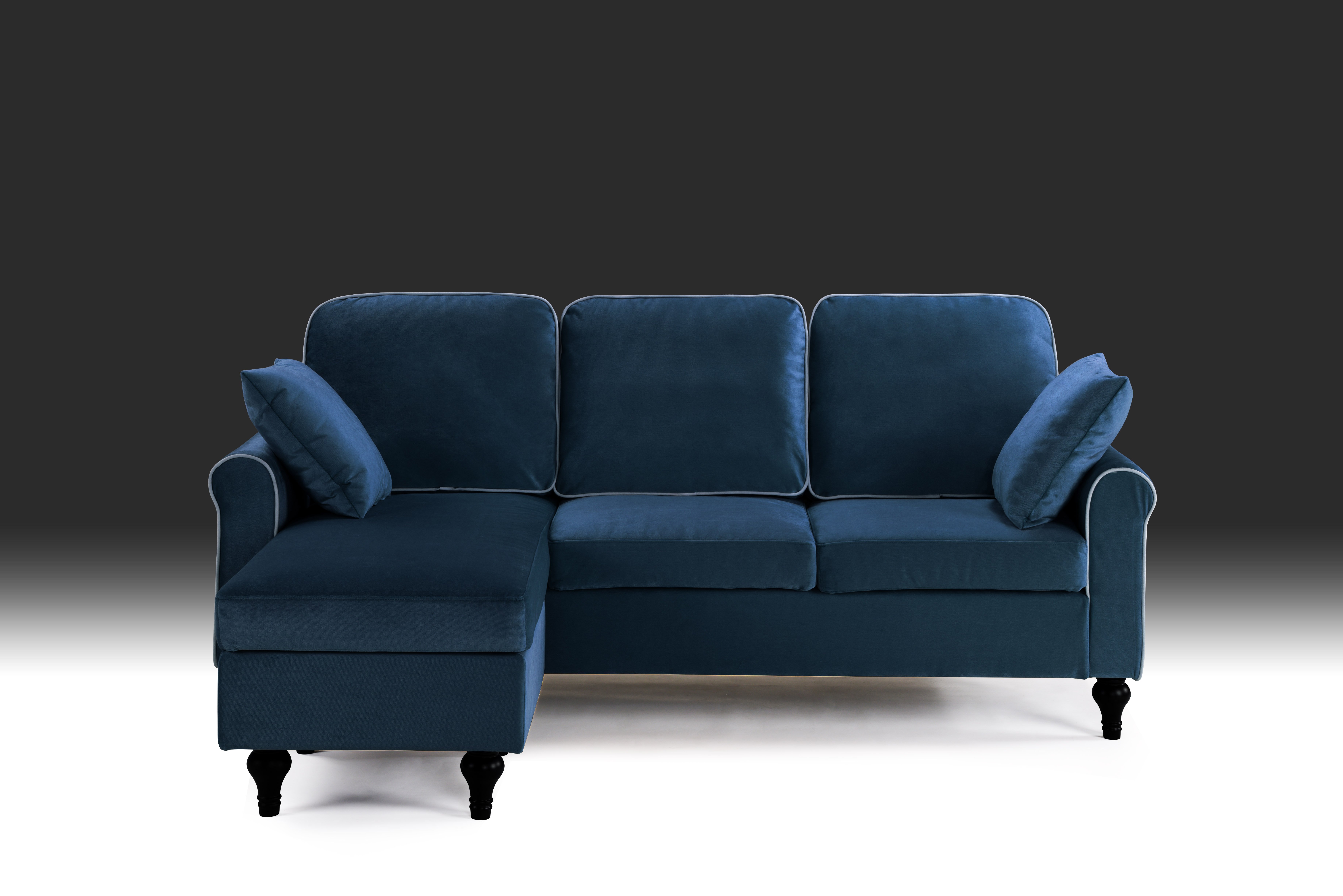 Blue Small Space Velvet Upholstered Sectional Sofa with Reversible
