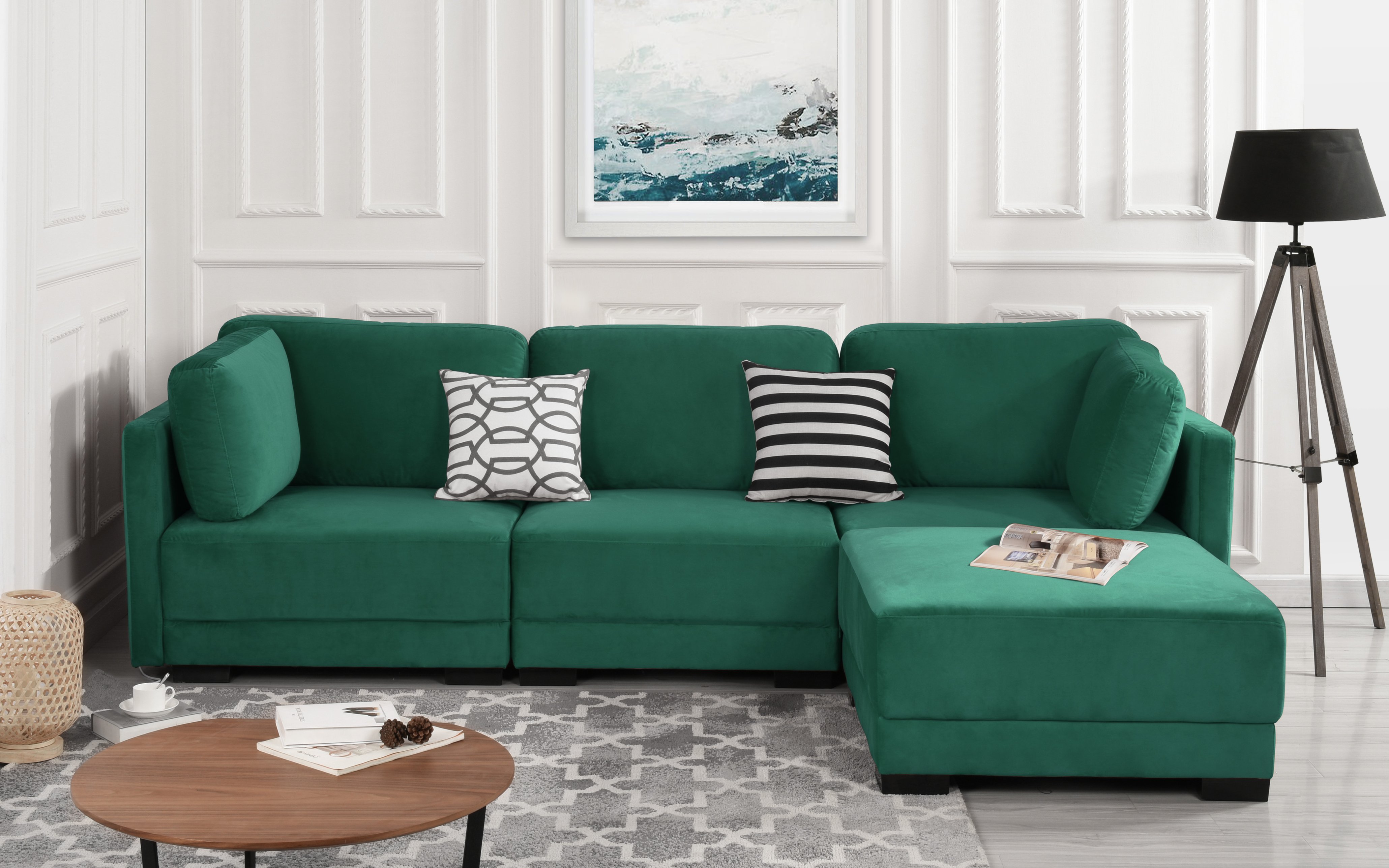 Modern Green Upholstered Velvet Fabric Sectional Sofa L-Shape