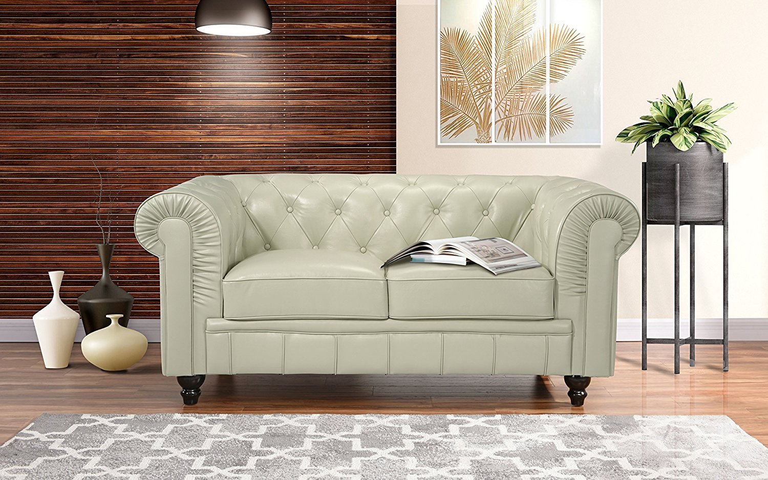 Beige Classic Scroll Arm Real Leather Chesterfield Sofa Wooden Legs