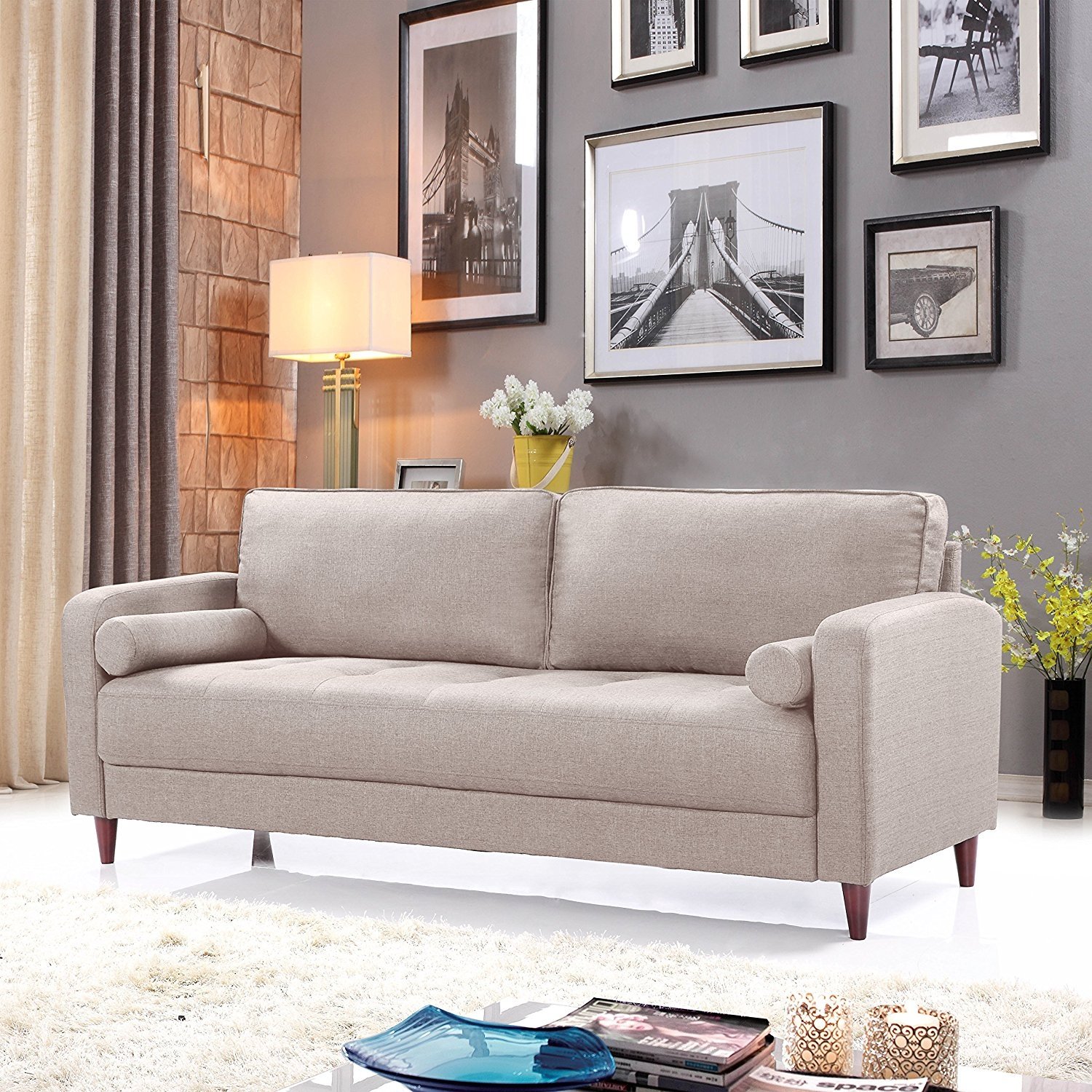 Mid Century Modern Linen Fabric Living Room Sofa (Beige ...