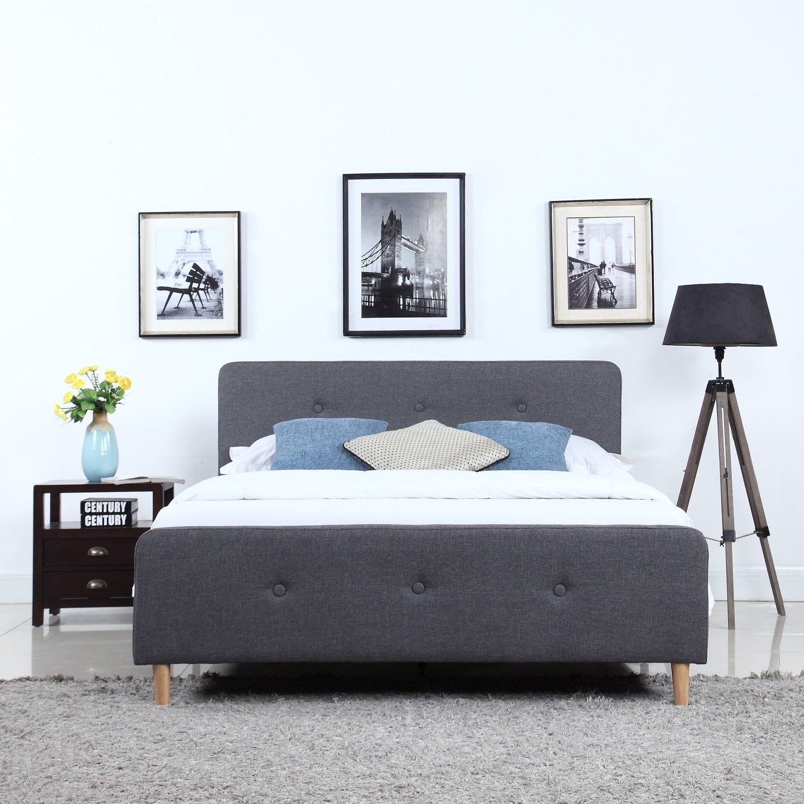 Mid Century Modern Grey Linen Fabric Low Profile Bed Frame - Full Size ...