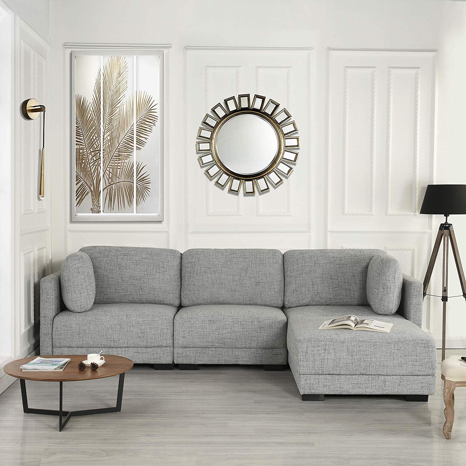 Details About Contemporary L Shape Sectional Sofa Fabric High Density Soft Foam Light Grey