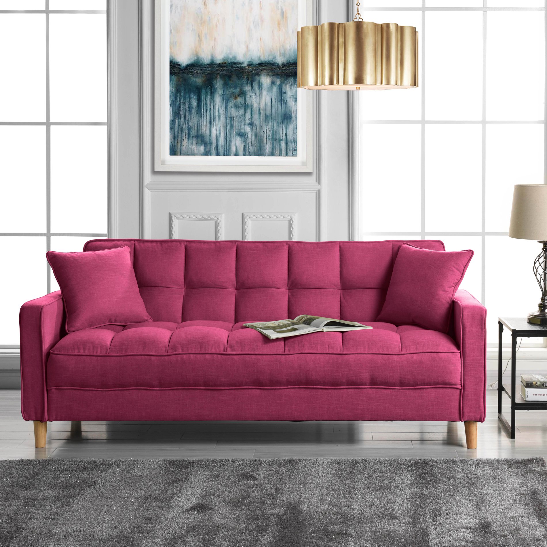 Modern Linen Fabric Tufted Small Space Living Room Sofa Couch Hot Pink   Medium 