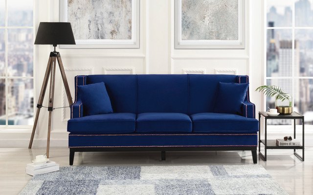 Details About Modern Velvet Sofa With Classic Nailhead Trim And Wooden Legs Royal Blue