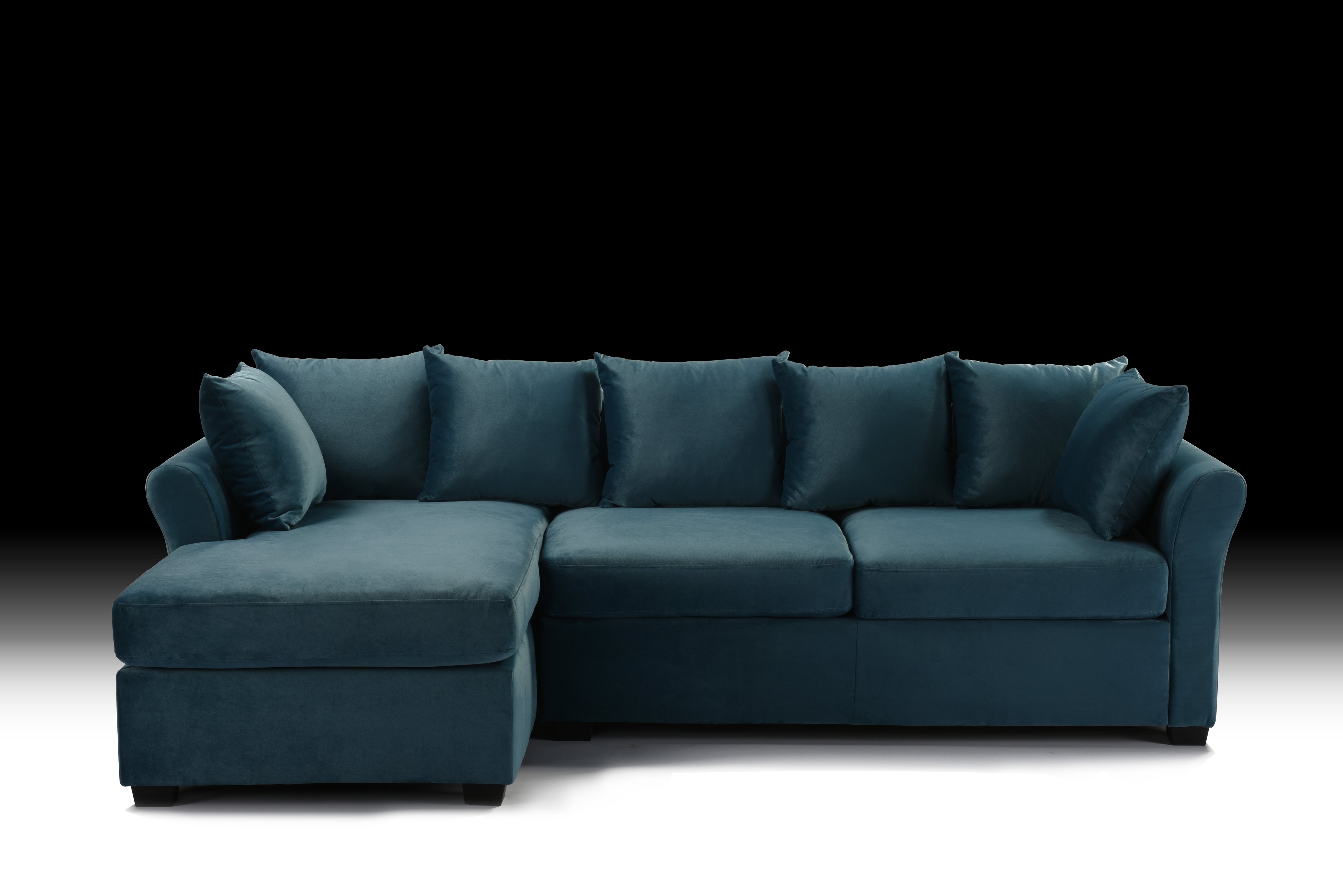 Teal Blue Velvet Sectional Sofa w/ Loose Back Pillows, Left Facing
