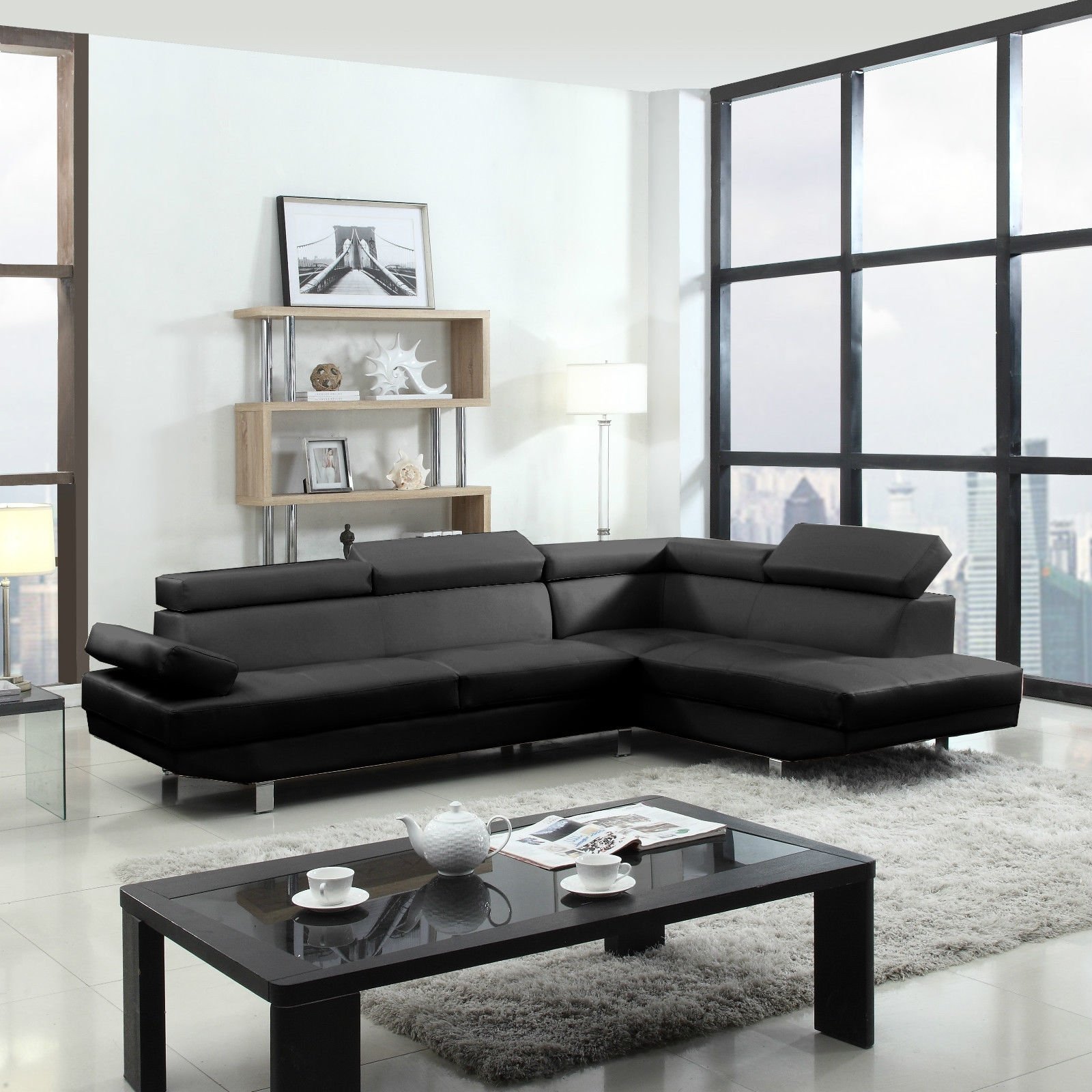 2 Piece Modern Contemporary Black Faux Leather Sectional Sofa Faux Leather 2 Piece Sectional Sofa With Functional Armrest And Back Support Black
