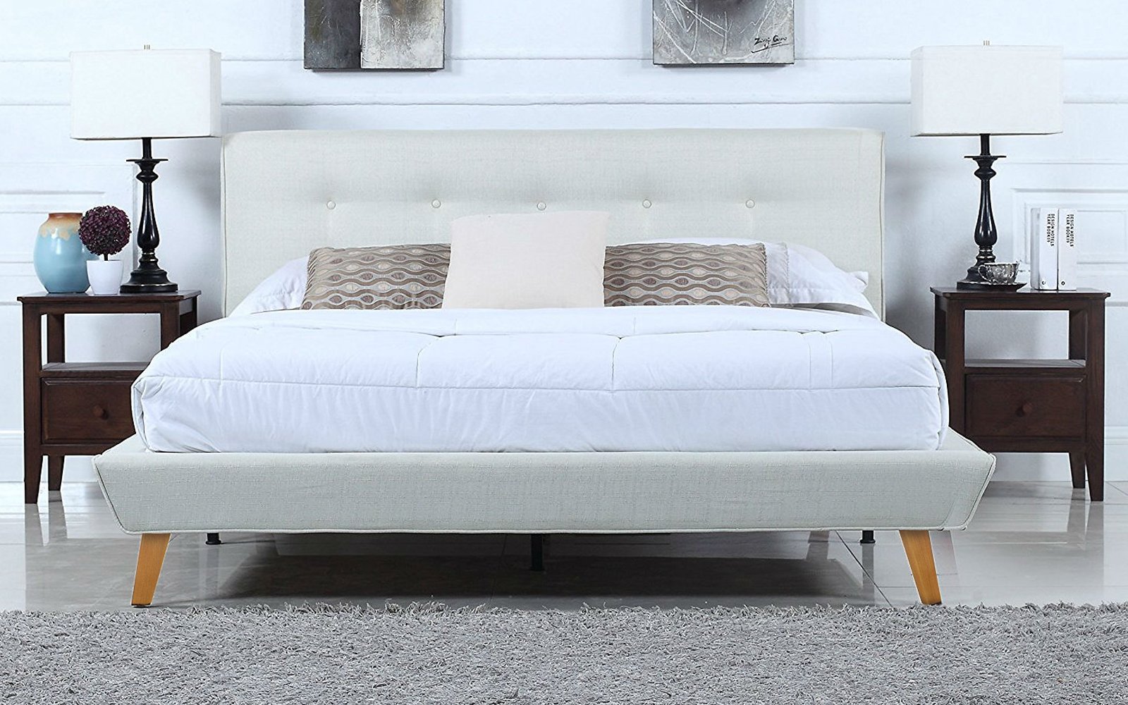 Mid-Century Ivory Low Profile Platform Bed Frame, Fabric Tufted