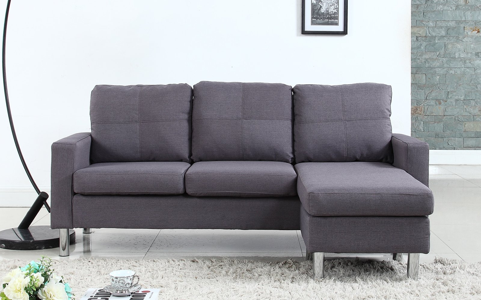 Image is loading modern small space reversible linen fabric sectional sofa