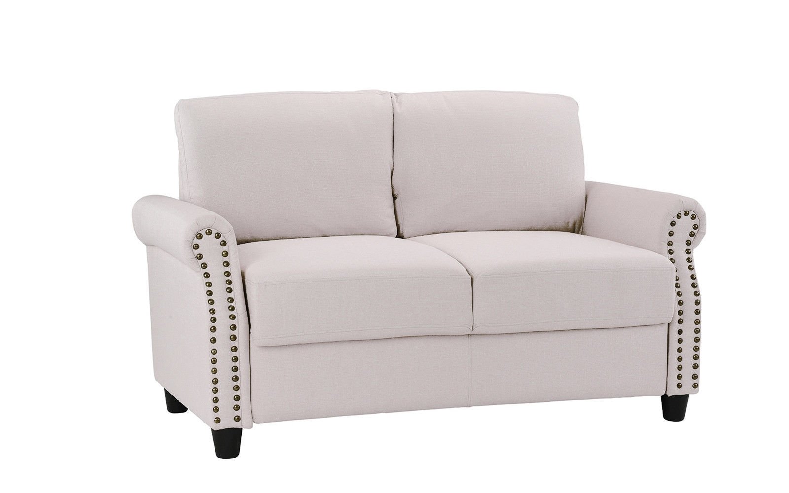 Details About Living Room Loveseat Sofa 2 Seater With Nailhead Trim And Storage Space Beige