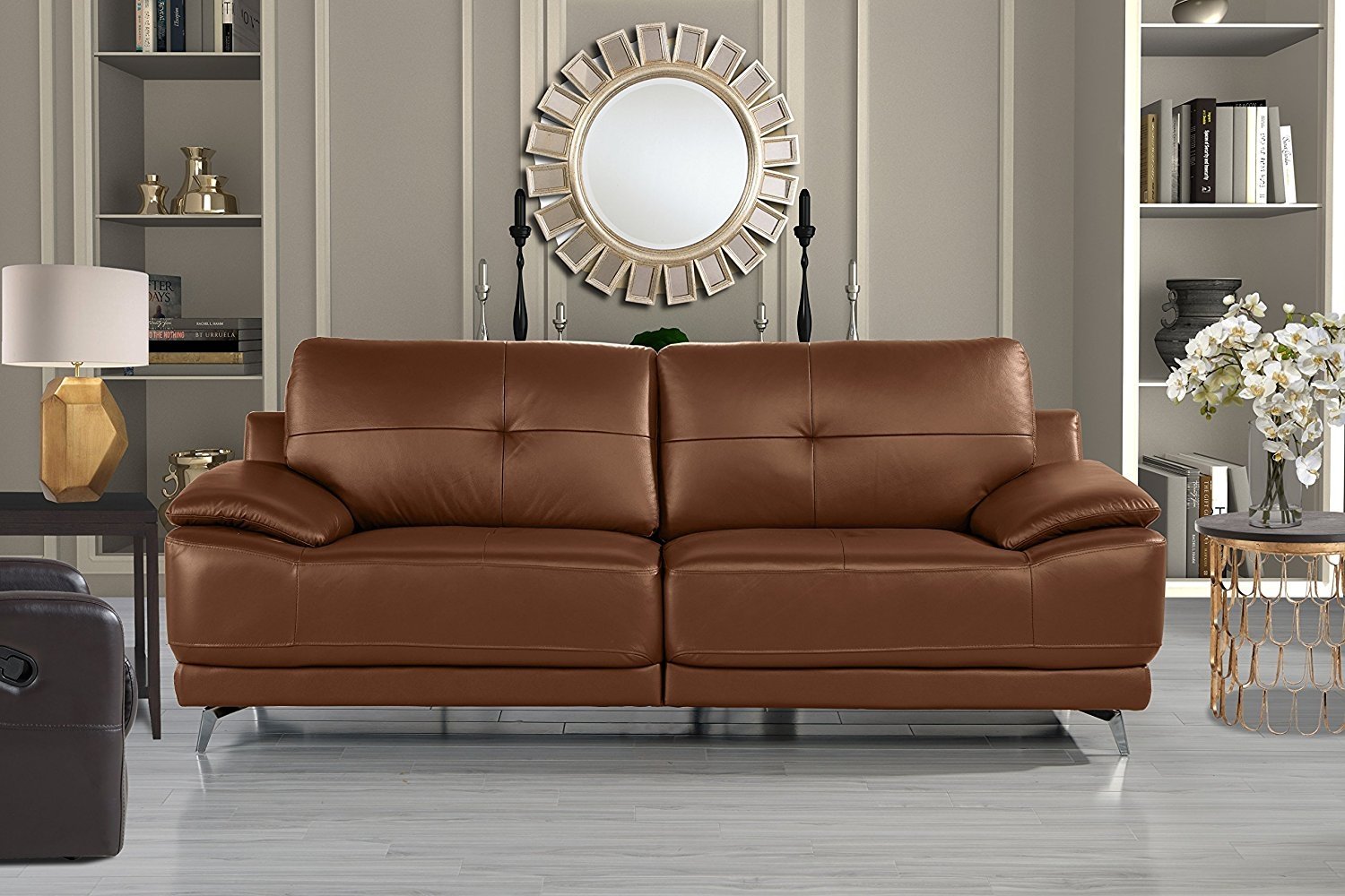 houzz living room with camel leather sofa