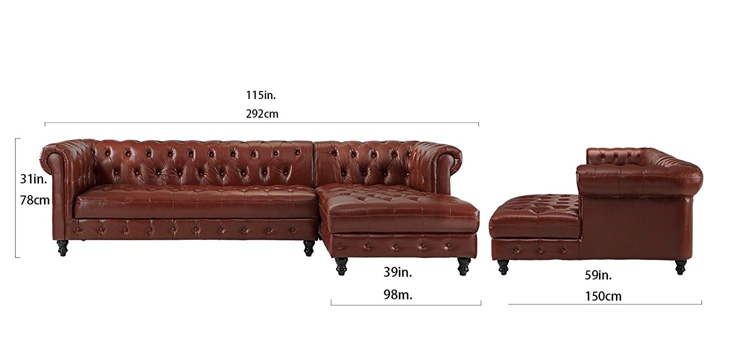 Details About Leather Chesterfield L Shape Tufted Sectional Sofa W Right Chaise Light Brown