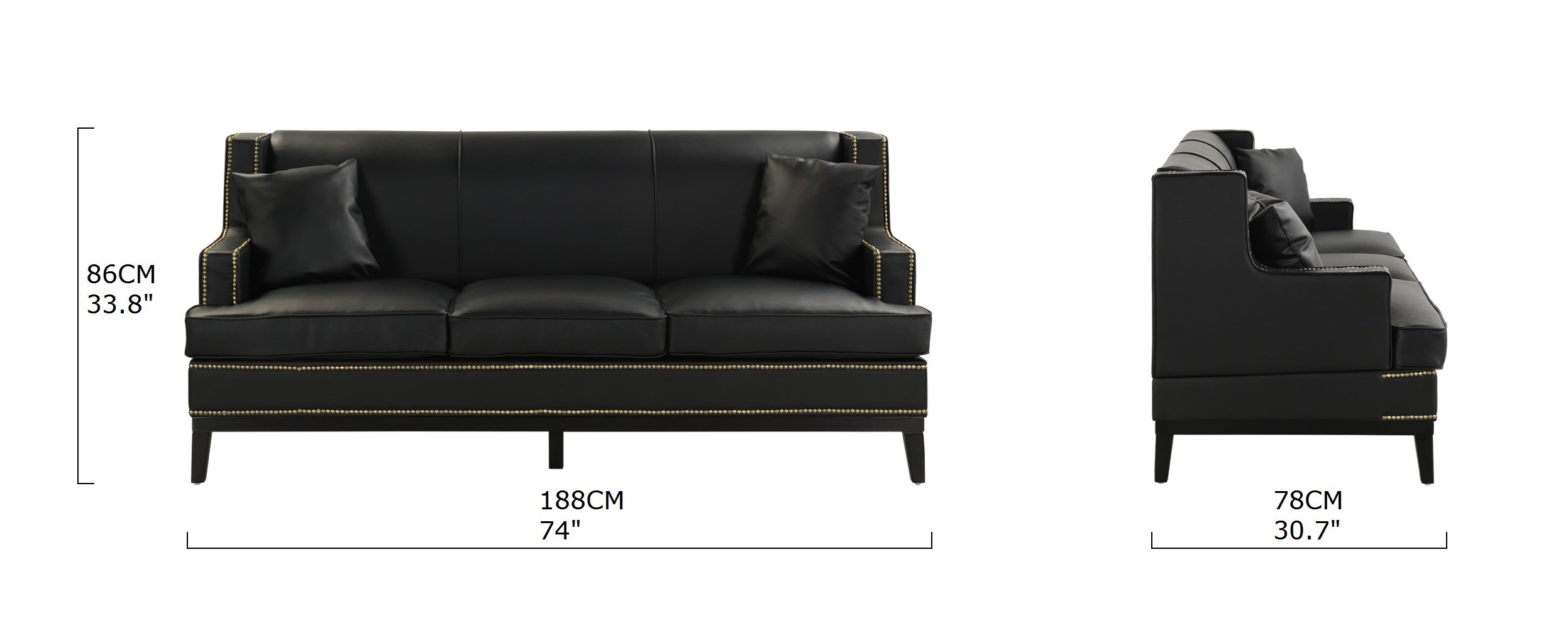 Details About Black Modern Bonded Leather Sofa With Nailhead Trim Detail 2 Accent Pillows