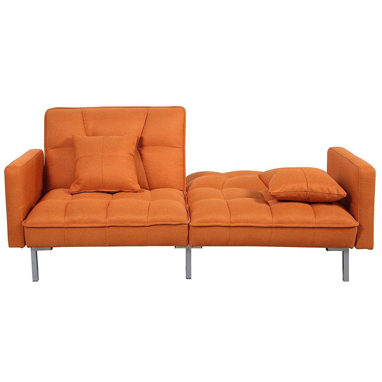 Brown Plush Tufted Velvet Splitback Living Room Futon Sleeper Couch w/ Pillows 