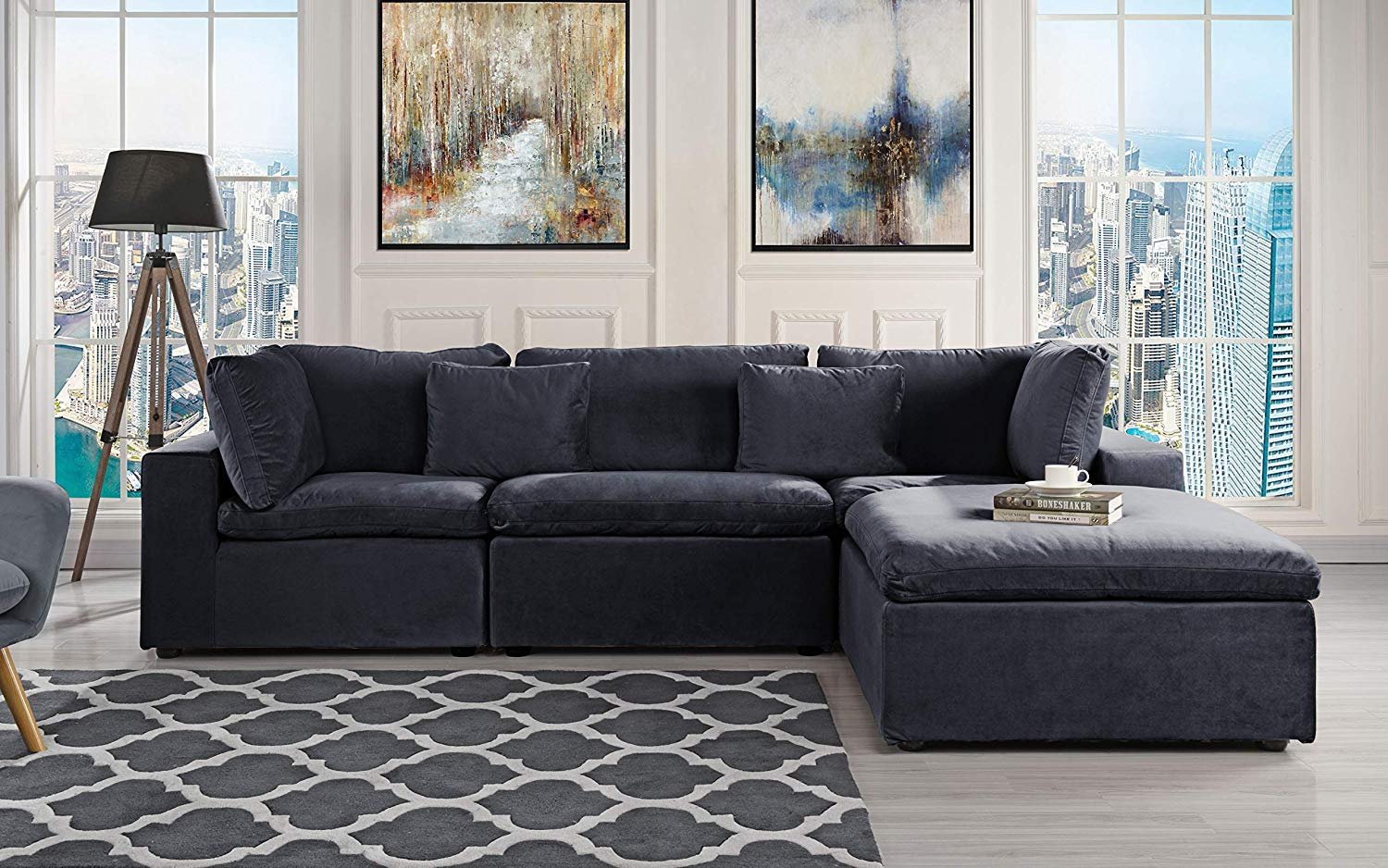 Classic Large Velvet Sectional Sofa, Low Profile Shape Couch Wide Chaise, Black 662187615073 eBay