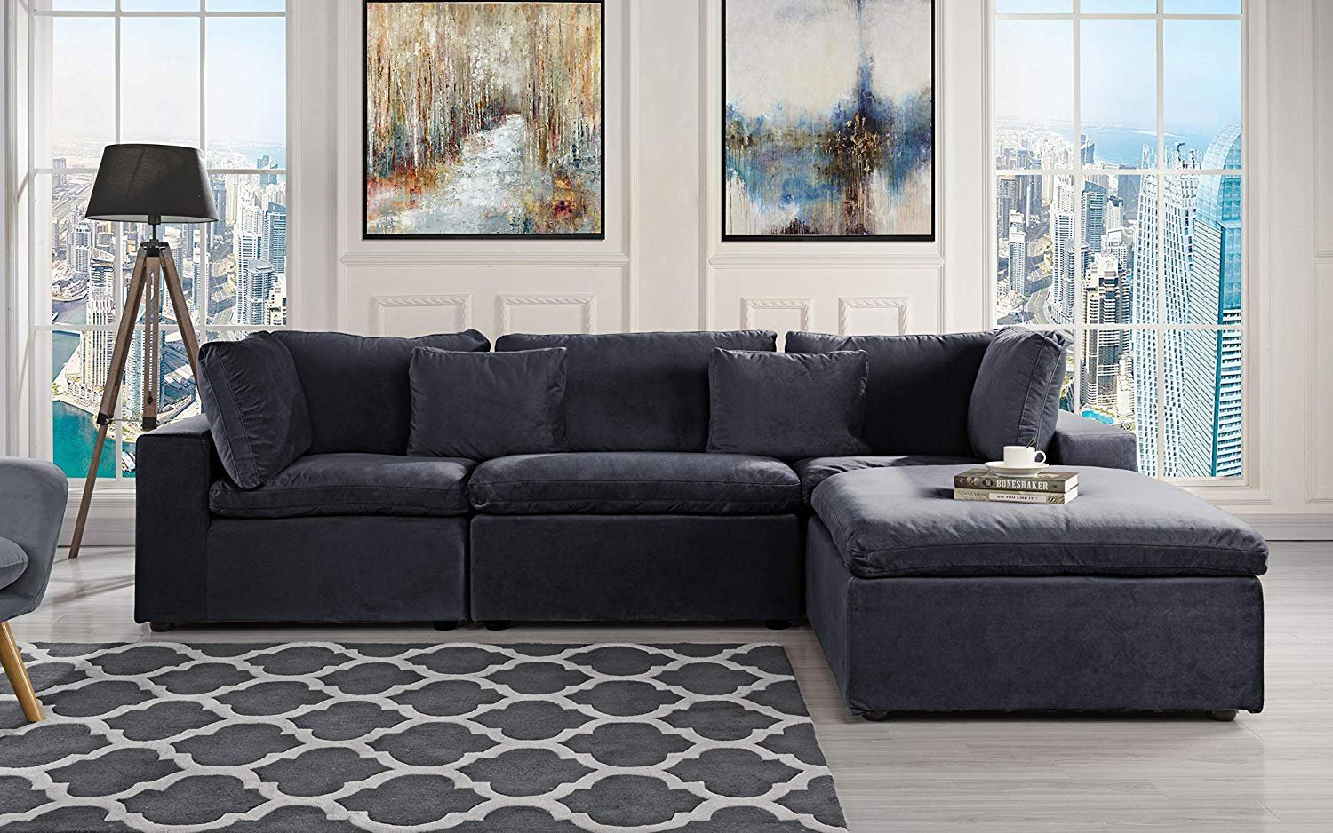 Classic Large Velvet Sectional Sofa, Low Profile Shape Couch Wide