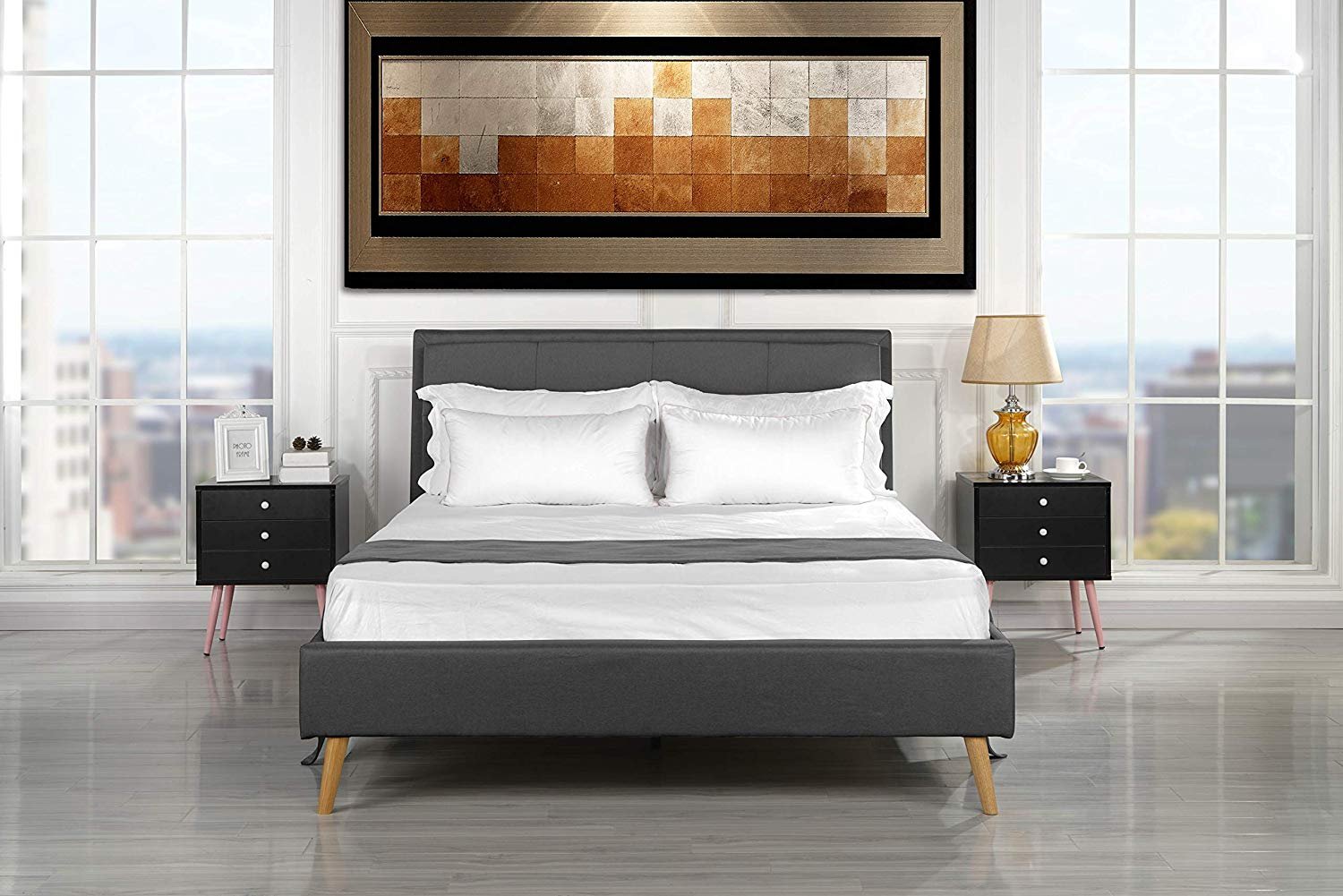 Details About Mid Century Upholstered Bed Frame Square Panel Tufted Headboard Dark Grey Queen