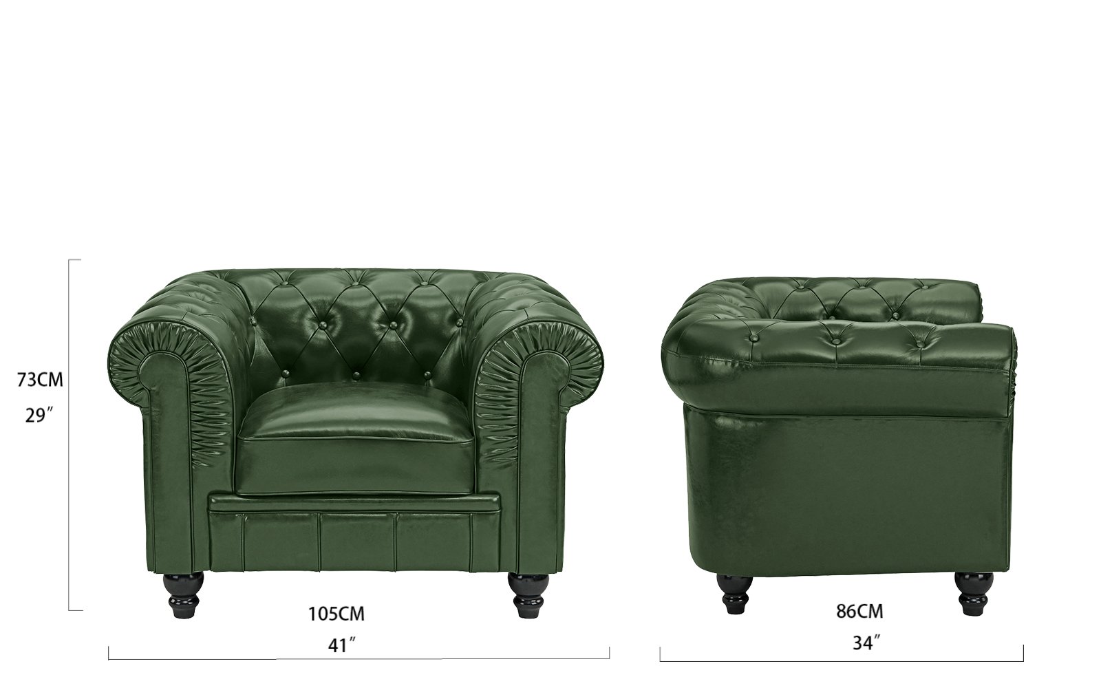 Classic Chesterfield Scroll Arm Tufted Leather Match Accent Chair Green