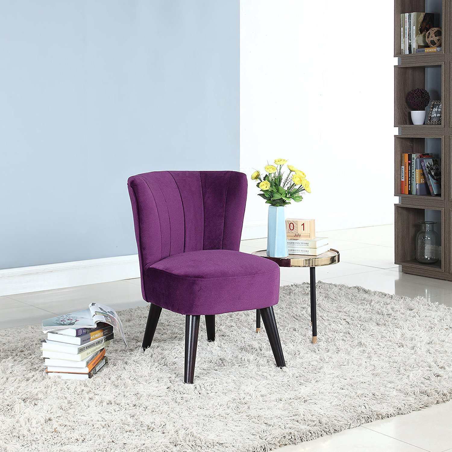 Details About Purple Velvet Chair Decorative Accent Chair Pleated With Wooden Legs