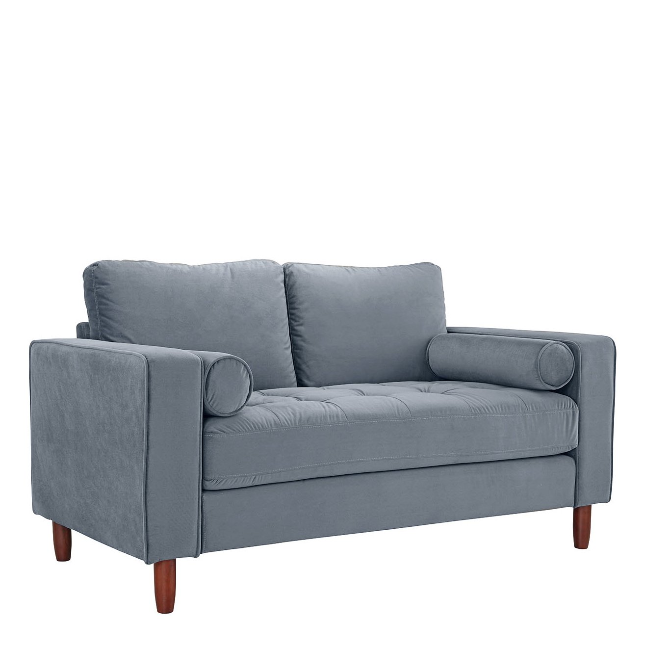 Grey Small Space Loveseat Sofa Velvet Couch with 2 Accent Bolster