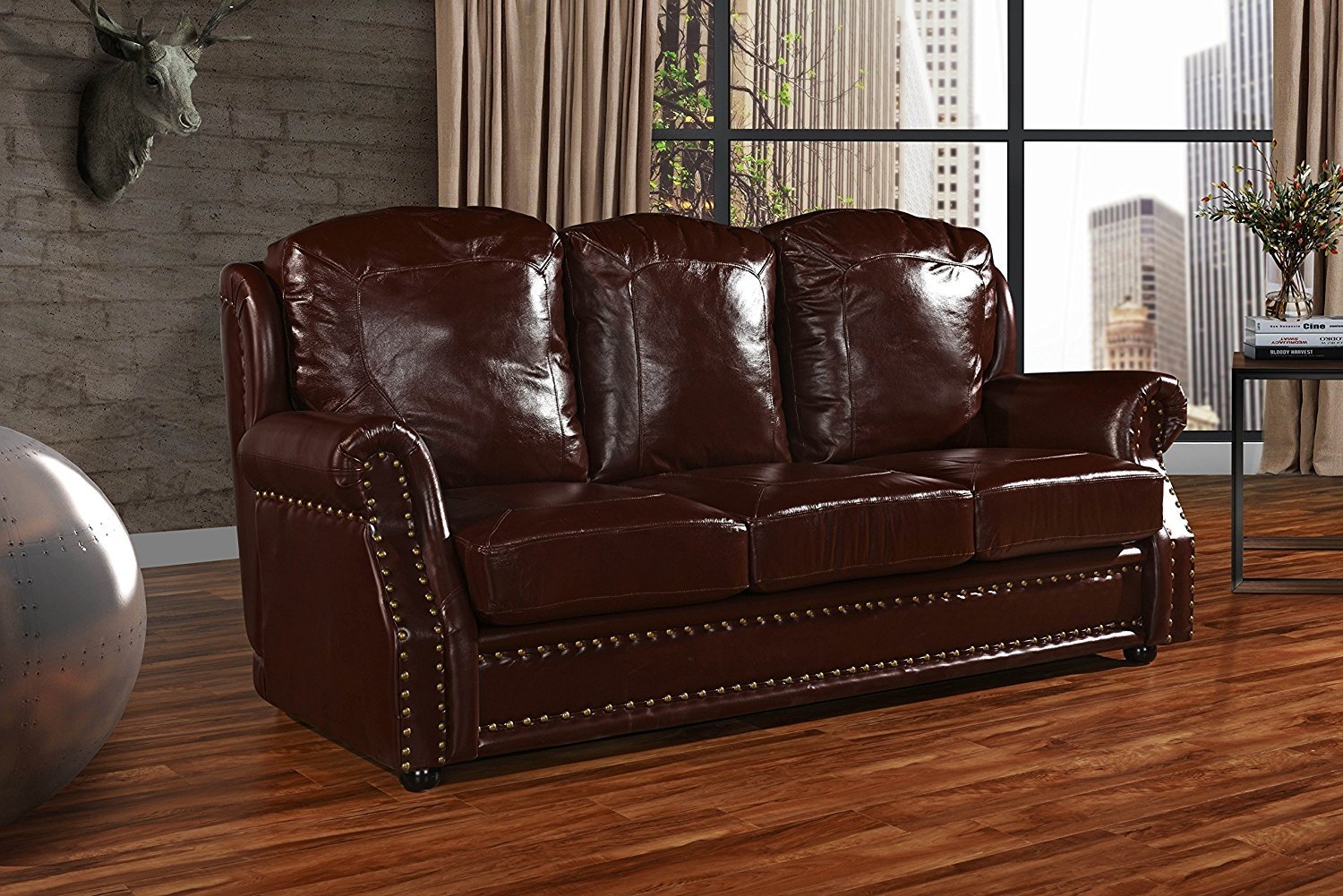 leather nailhead wood front two coushin sofa