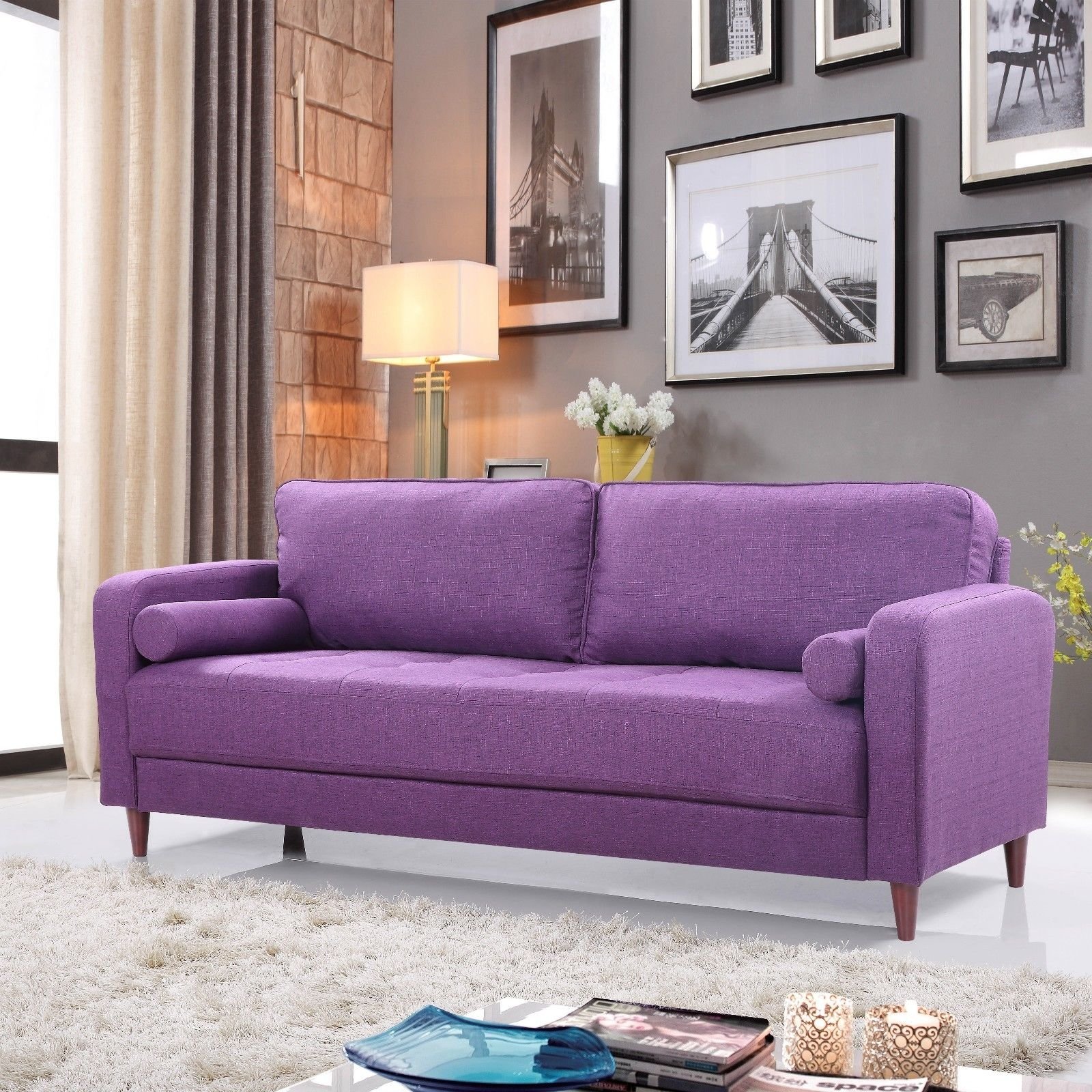 Mid Century Linen Sofa Purple Living Room Sofa Purple 649862743825 