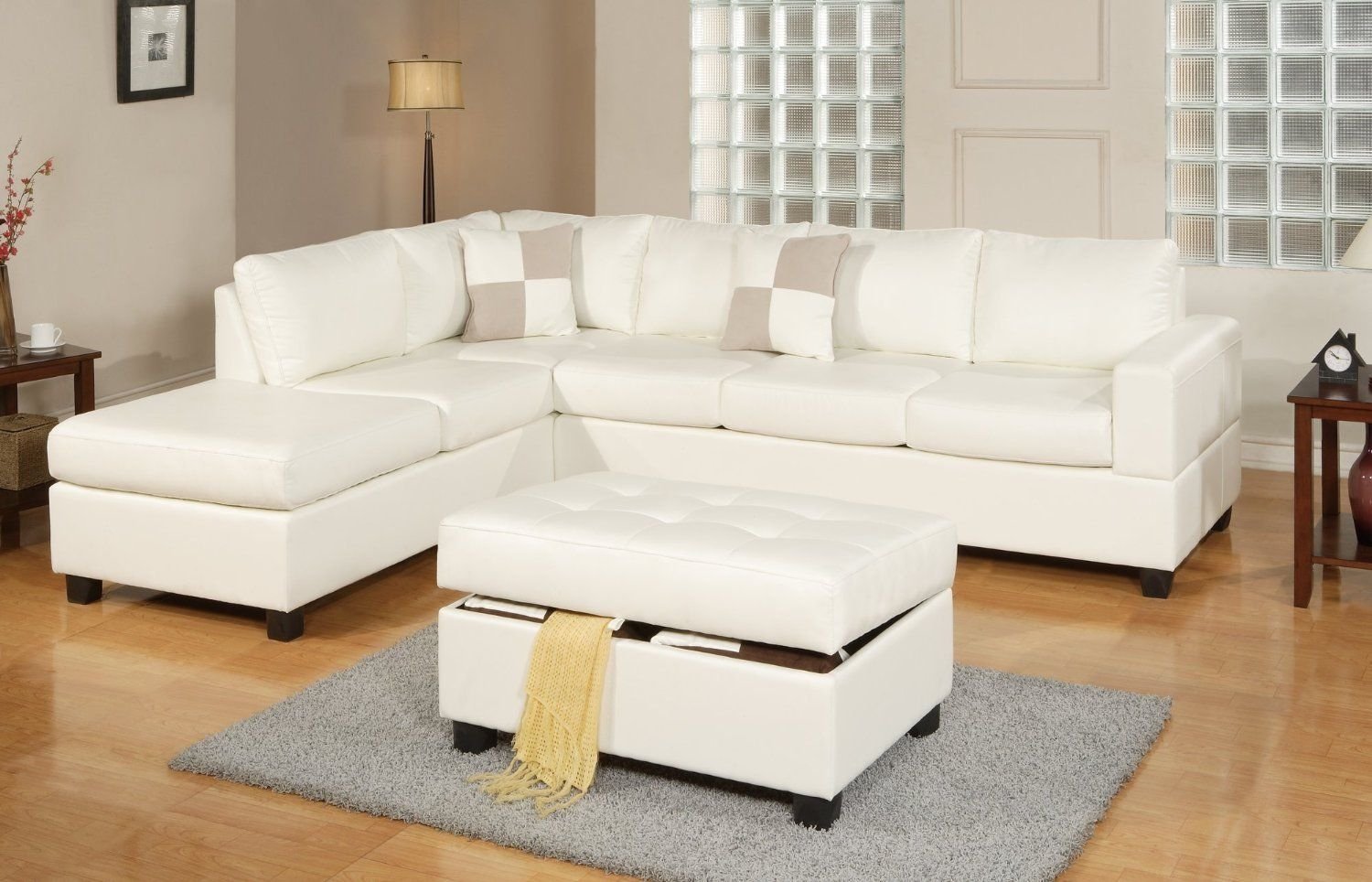 Bonded Leather White Modern Reversible Sectional Couch Sofa Chaise Bonded Leather White Modern Reversible Sectional Couch Sofa Chaise Ottoman