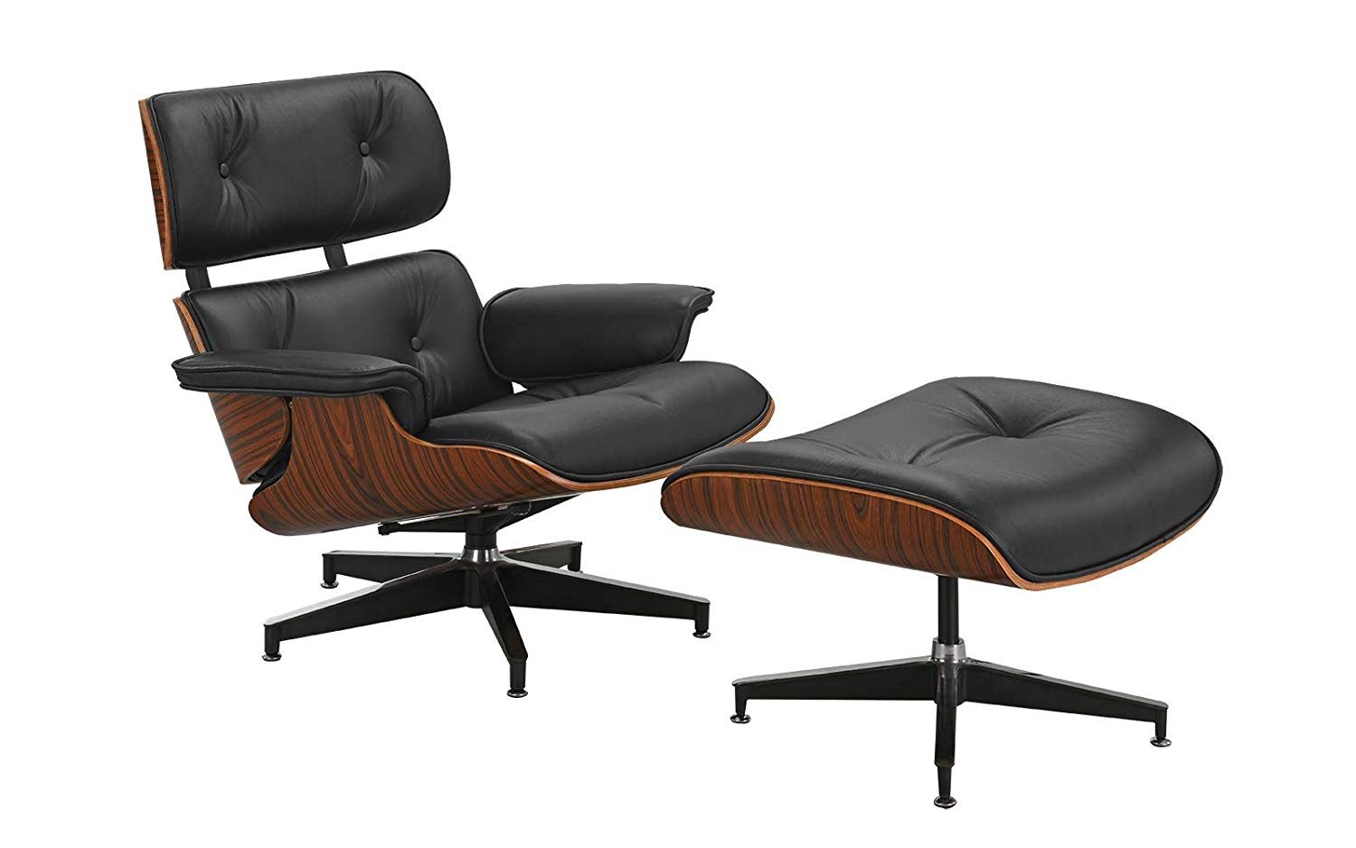 Black Mid Century Modern PU Leather Wood Swivel Lounge Chair Ottoman