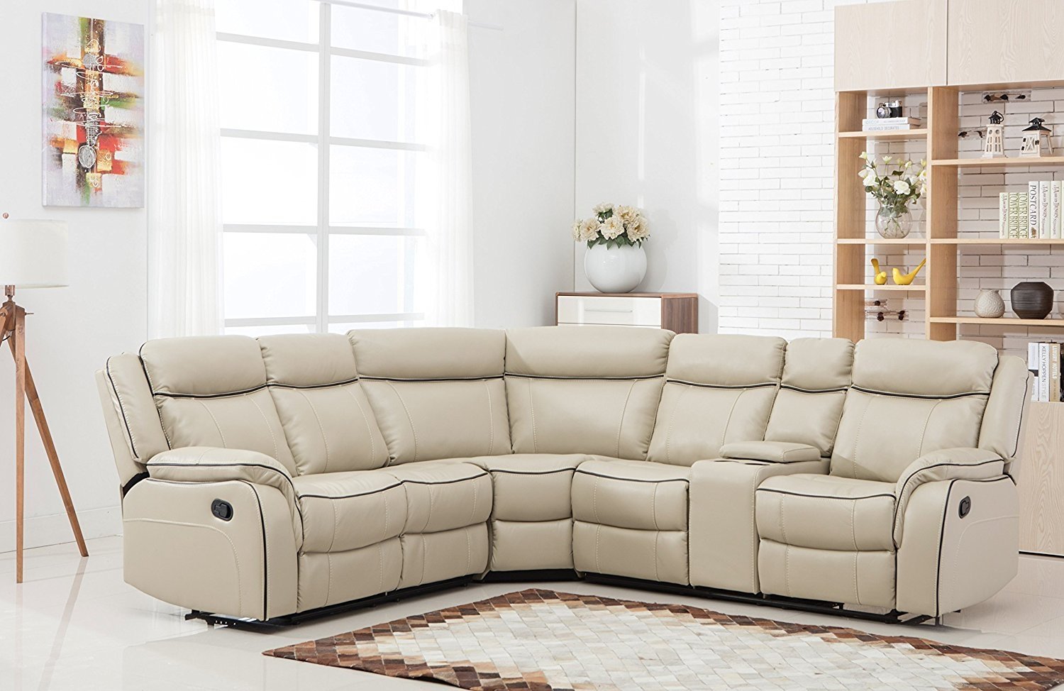beige leather sectional reclining sofa