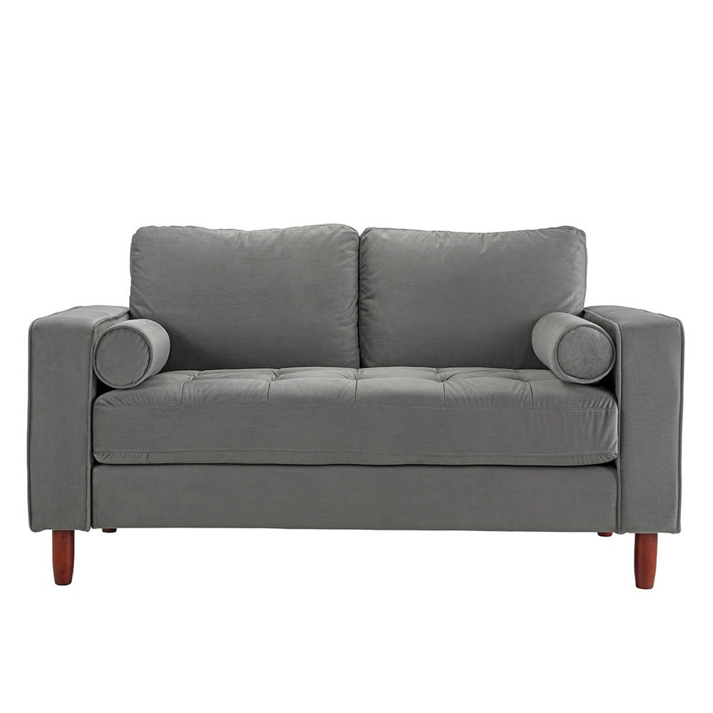 Grey Small Space Loveseat Sofa Velvet Fabric with 2 Accent Bolster