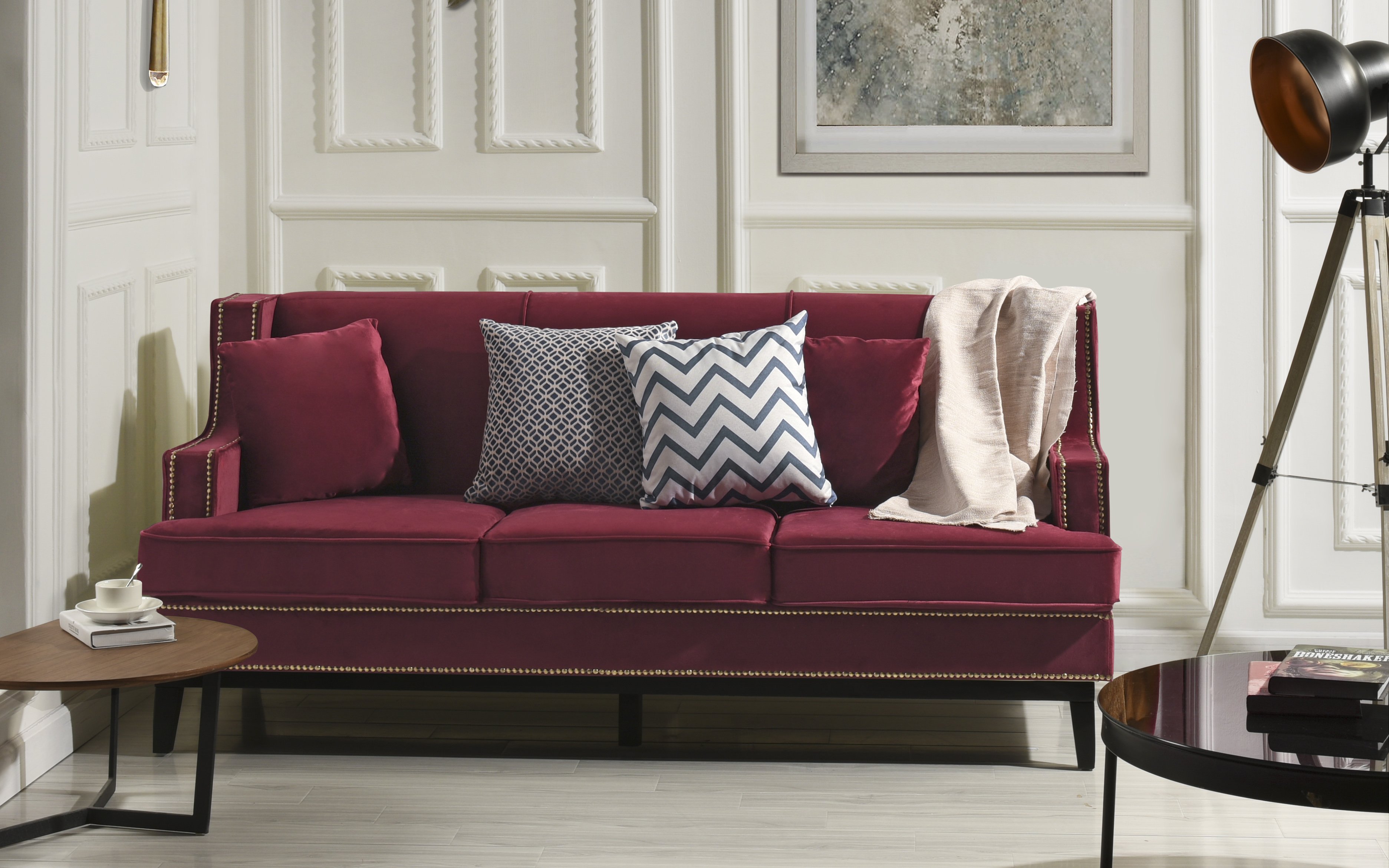 Details About Modern Vintage Style Soft Velvet Sofa Couch With Nailhead Trim Detail Red