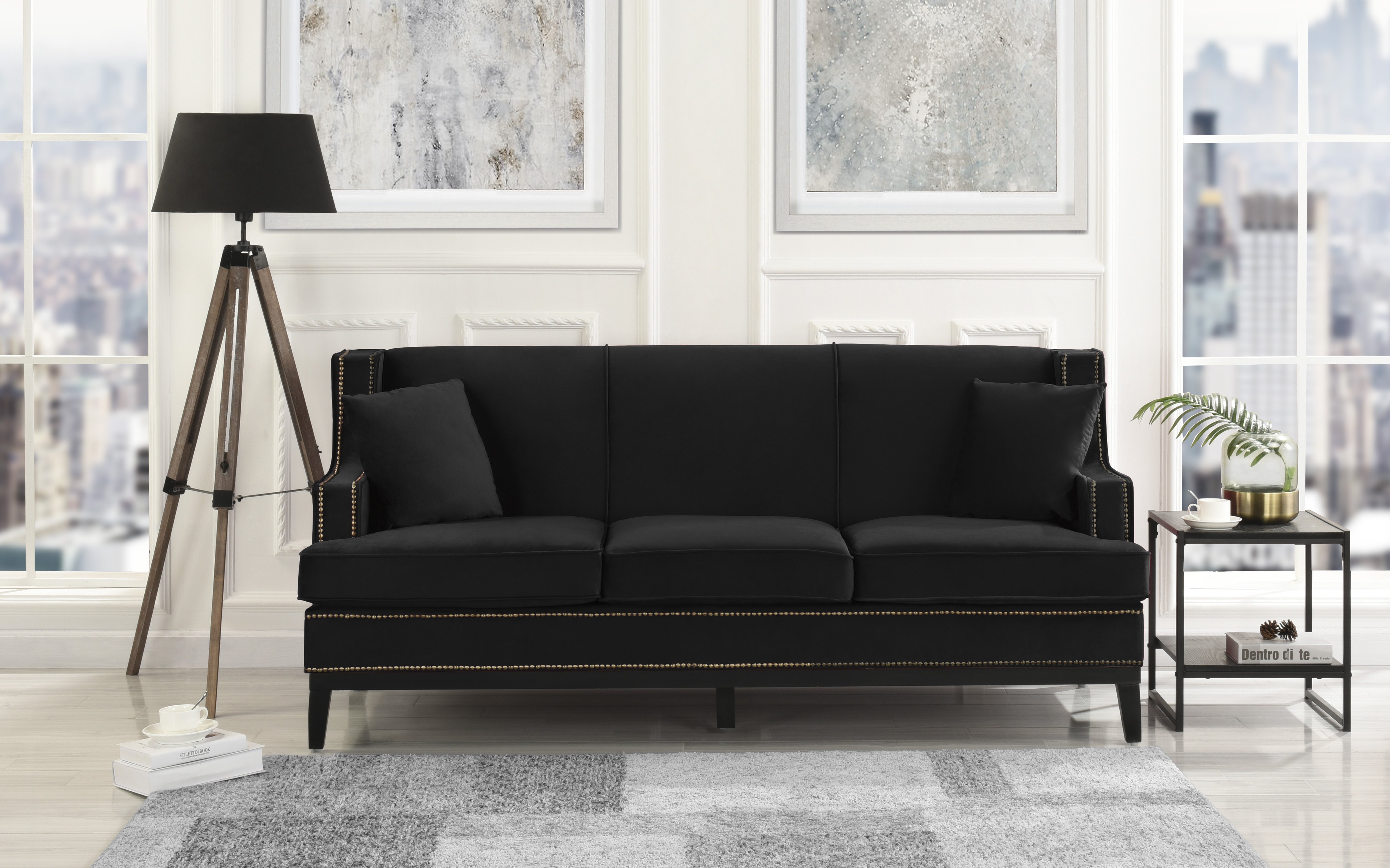 Details About Modern Vintage Style Soft Velvet Sofa Couch With Nailhead Trim Detail Black