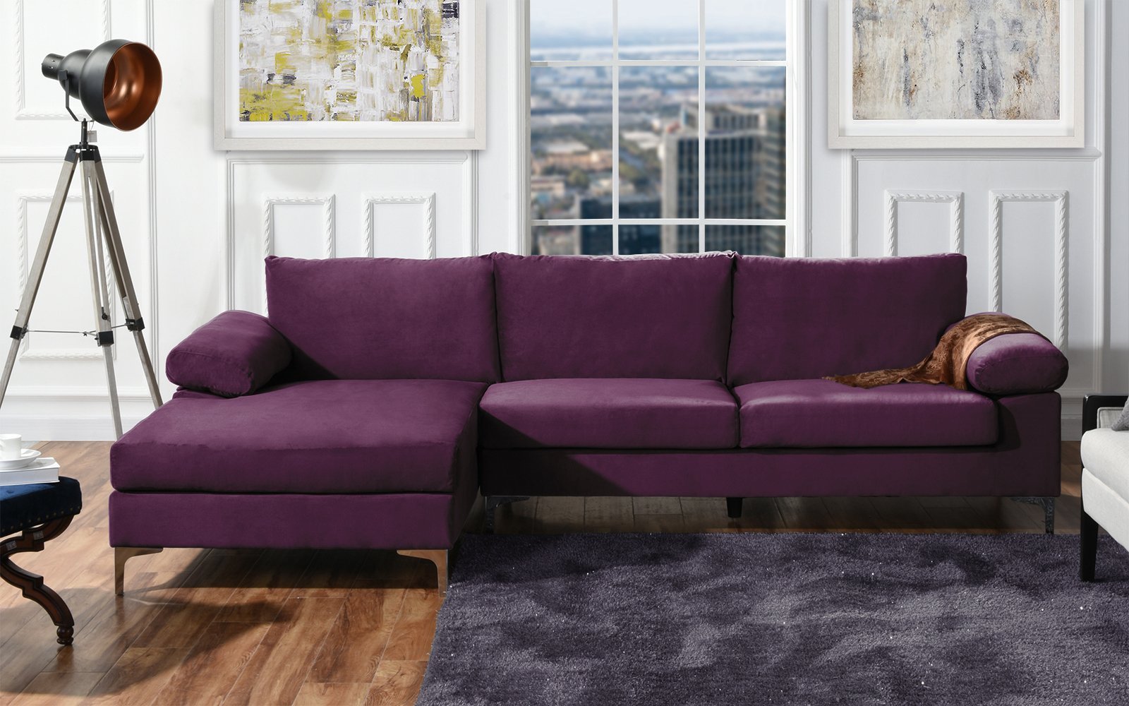 Purple Velvet Fabric Sectional Sofa, L-Shape Couch with Extra Wide